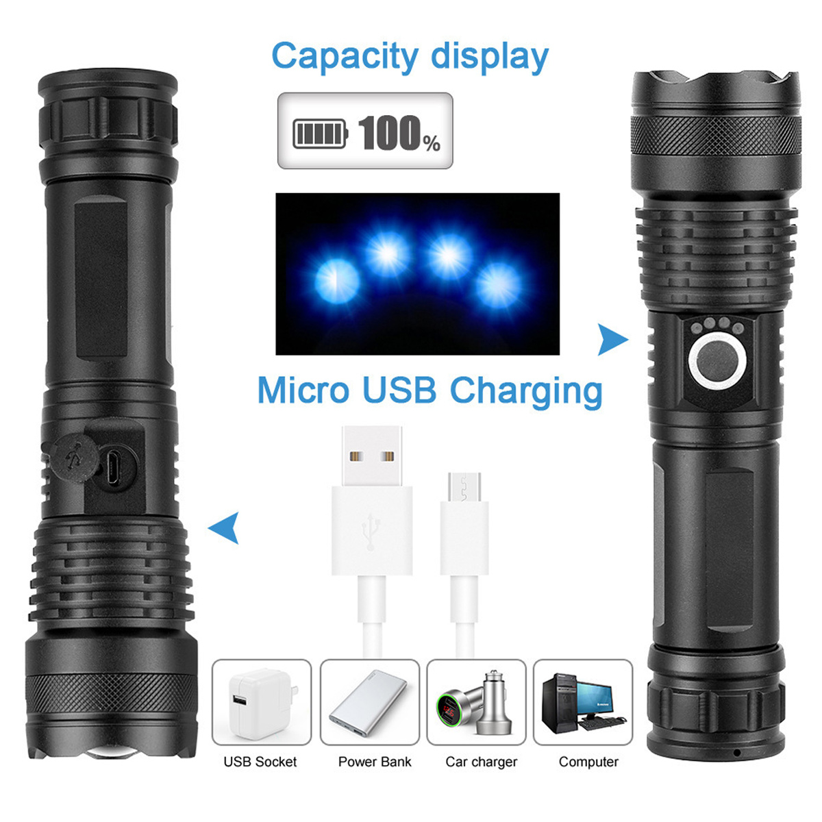 Eine schwarze taktische Taschenlampe mit Kapazitätsanzeige, Micro-USB-Laden und kompatiblen Ladequellen.