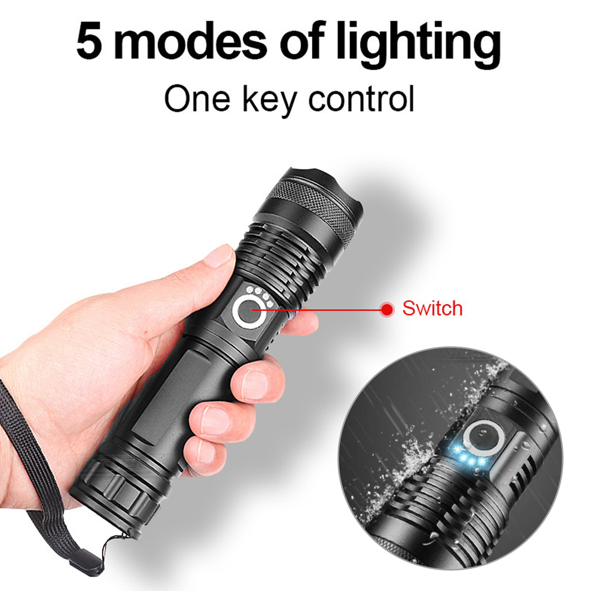 Hand hält schwarze Taschenlampe mit Text 5 modes of lighting und Switch.