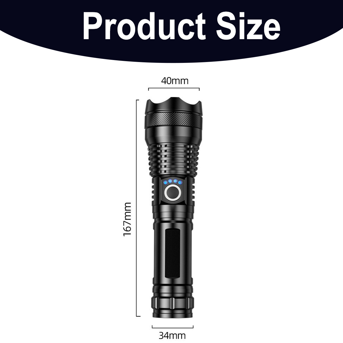 Schwarze Taschenlampe mit Produktabmessungen von 167mm Länge, 40mm Kopf- und 34mm Bodendurchmesser.