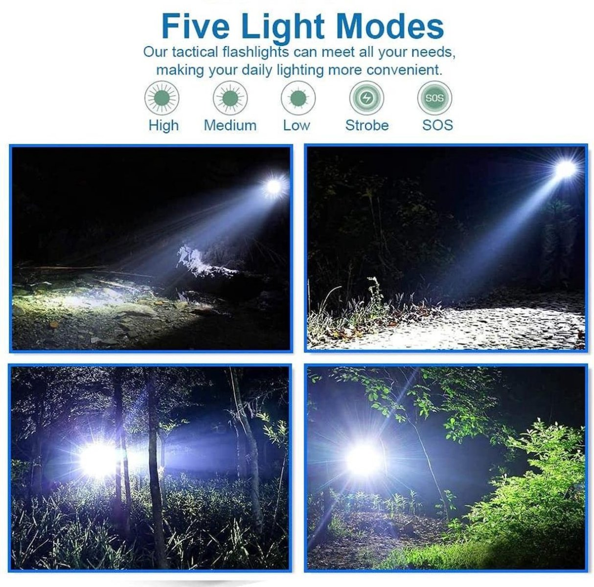 Vier Bilder zeigen die fünf Lichtmodi einer taktischen Taschenlampe im nächtlichen Wald.