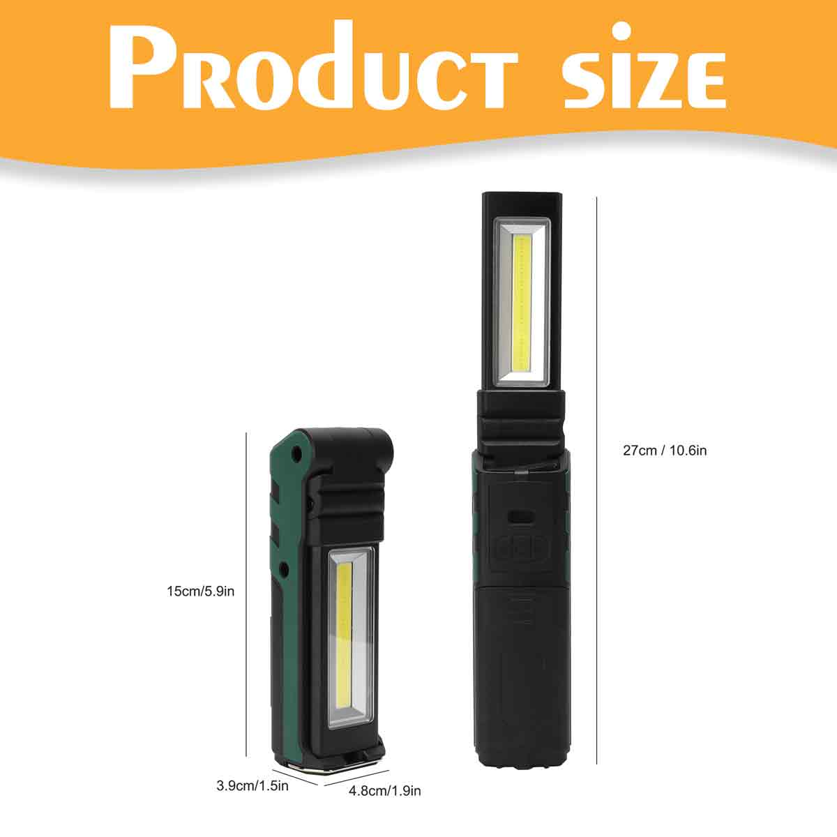 Produktgrößendiagramm zeigt eine faltbare LED-Arbeitslampe, gefaltet 15 cm und ausgeklappt 27 cm lang.