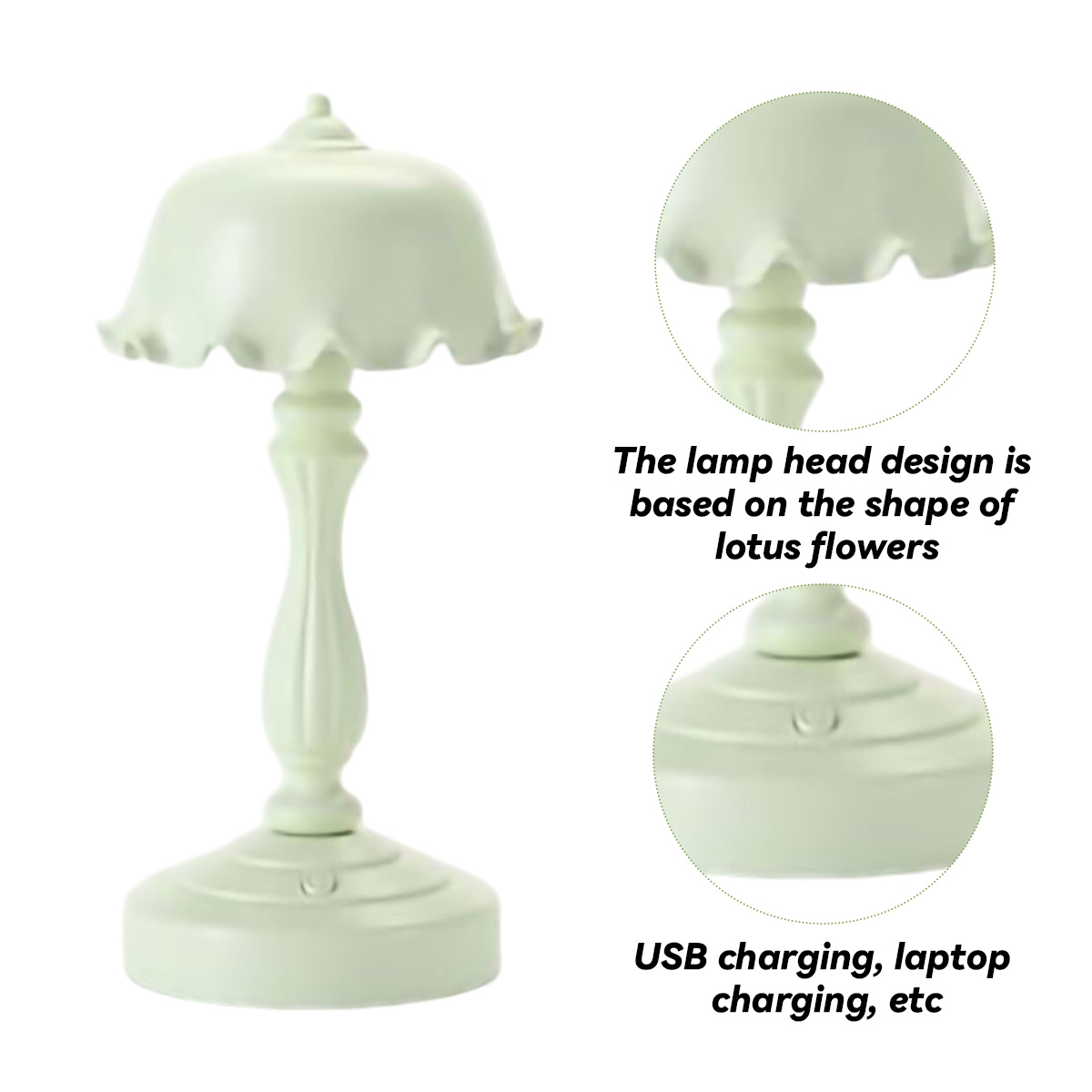 Eine grüne Tischlampe mit lotusförmigem Schirm und USB-Ladefunktion.