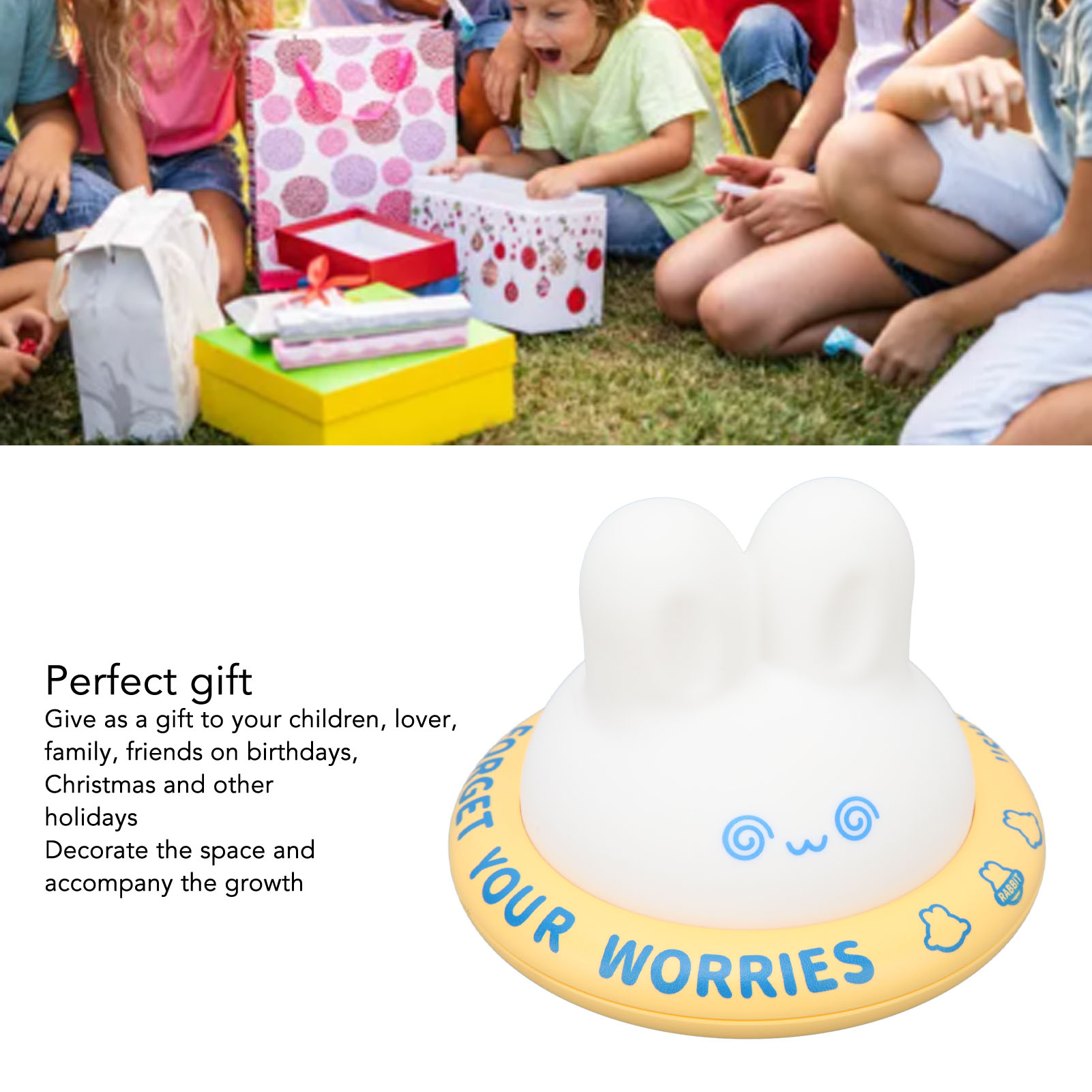 Ein weißes Hasen-Nachtlicht mit blauen Wirbelaugen sitzt auf einem gelben Ring mit der Aufschrift "Forget Your Worries".