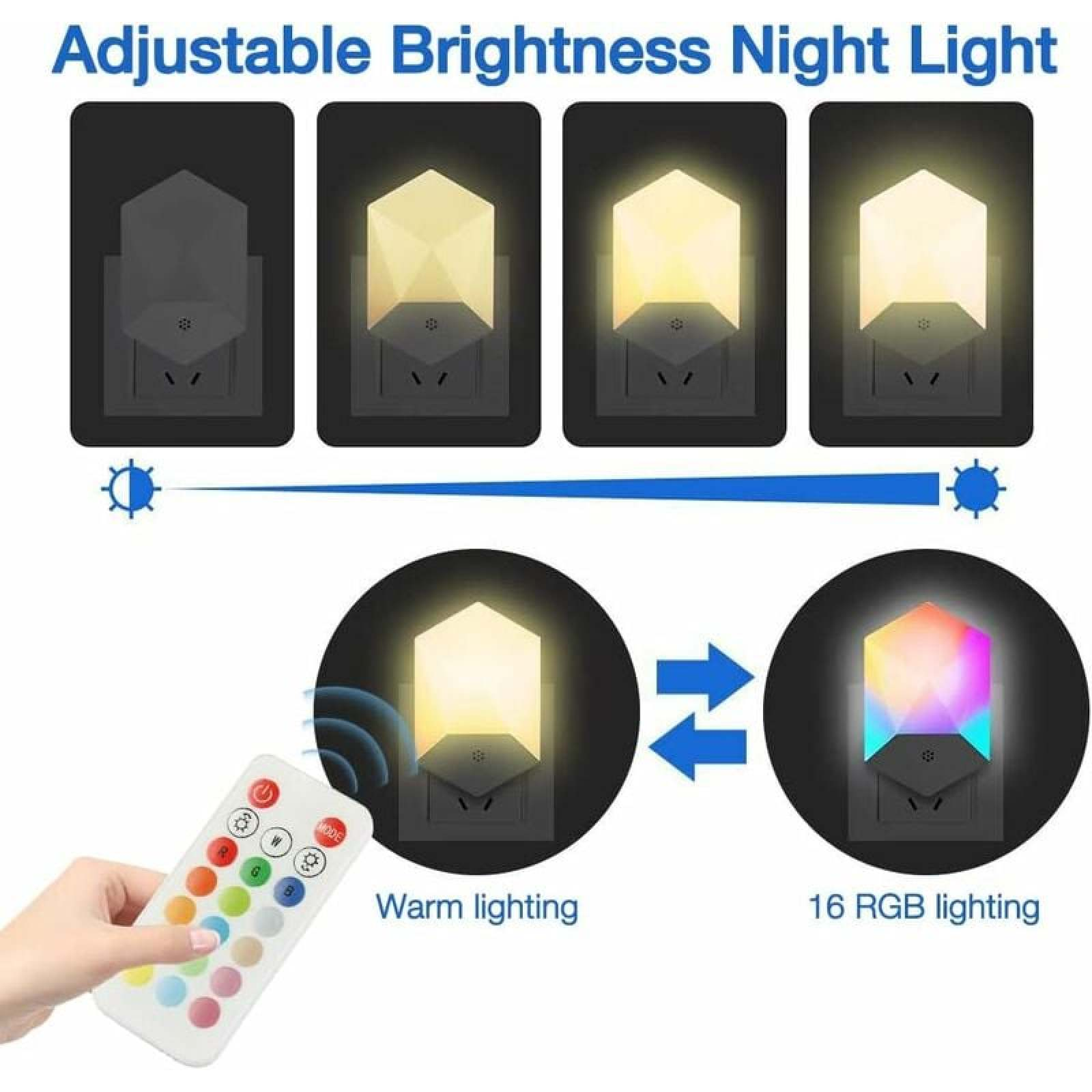 Verstellbare Nachtlampe mit warmem Licht und 16 RGB-Farben, steuerbar mit Fernbedienung.