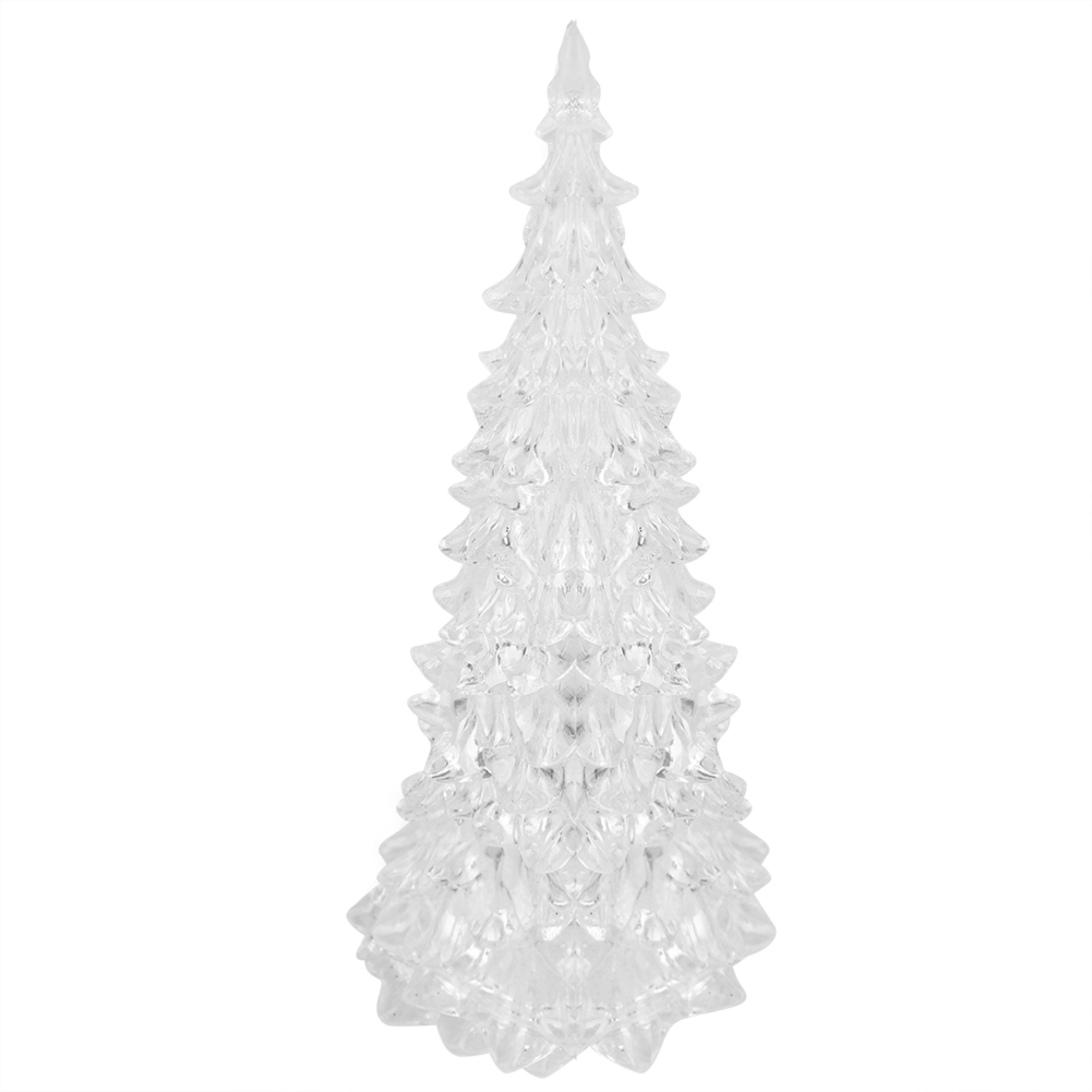 Eine dekorative Weihnachtsbaumfigur aus klarem Glas vor weißem Hintergrund.