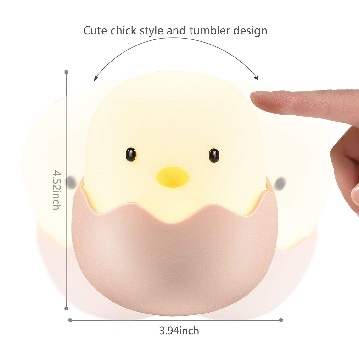 Niedliche Küken-Nachtlampe im Eierschalen-Design mit Maßen von 4,52x3,94 Zoll und einer Hand, die dagegen tippt.