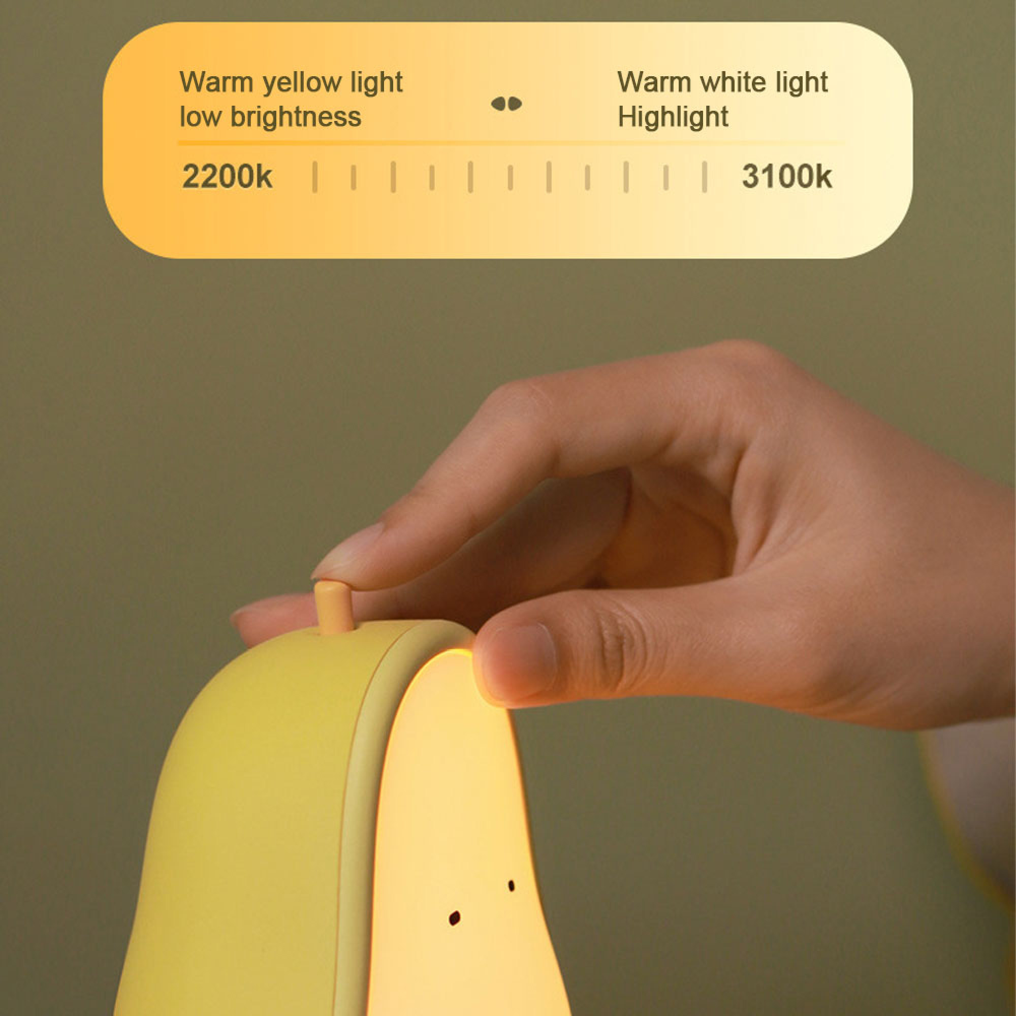 Eine Hand berührt eine gelbe Lampe, mit einer Temperaturanzeige von 2200k bis 3100k darüber.