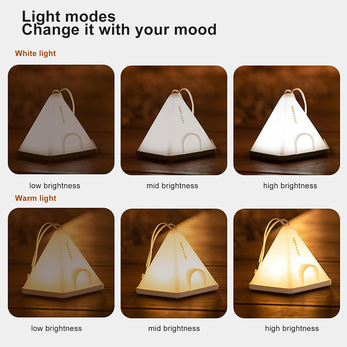 Sechs Bilder zeigen eine pyramidenförmige Lampe mit verschiedenen Helligkeiten in Weiß und Warmlicht.