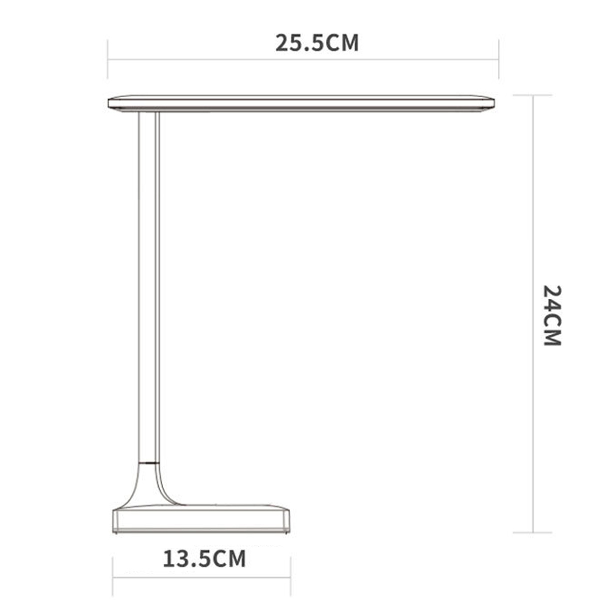 Technische Zeichnung einer Schreibtischlampe mit Maßangaben von 25,5 cm Breite, 24 cm Höhe und 13,5 cm Tiefe.
