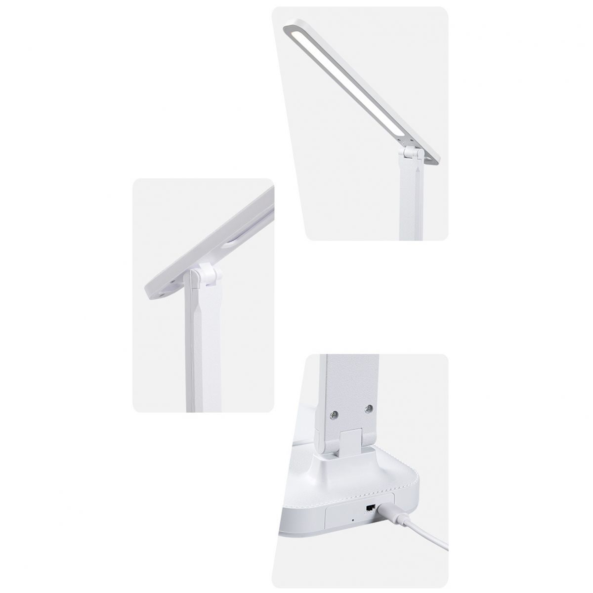 Drei Ansichten einer modernen weißen LED-Schreibtischlampe mit verstellbaren Gelenken und Ladekabel.