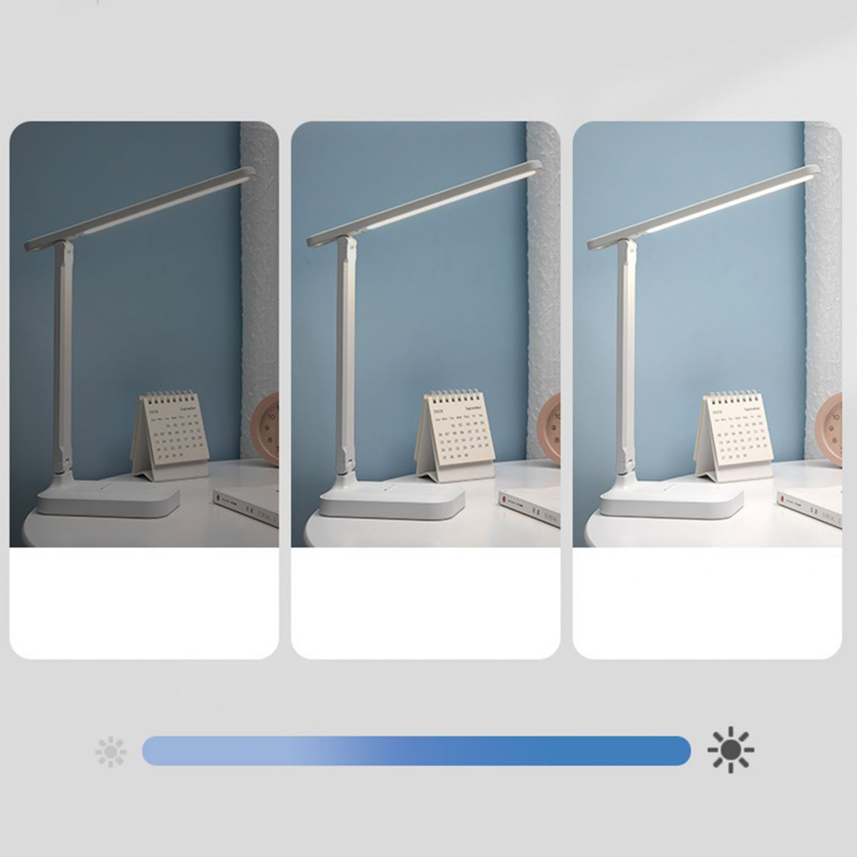 Drei Bilder zeigen eine weiße Schreibtischlampe mit einstellbarer Helligkeit vor einer blauen Wand.