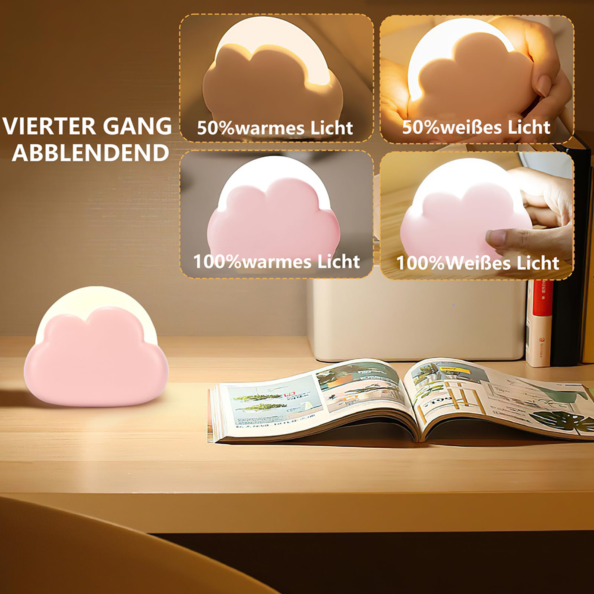 Eine rosafarbene wolkenförmige Lampe auf einem Holztisch neben einem offenen Magazin mit vier Beleuchtungsmodi.
