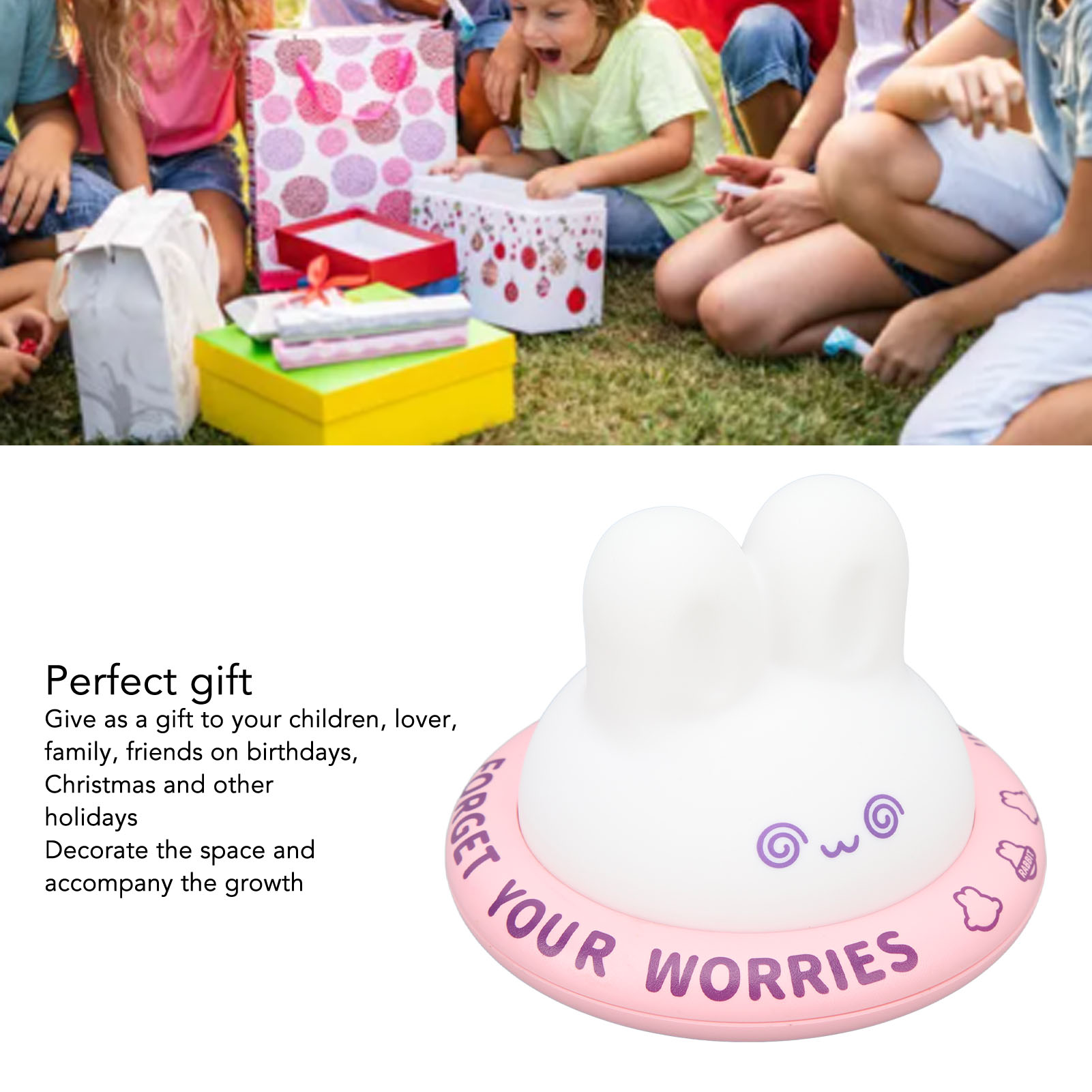 Eine weiße Kaninchen-Nachtlampe mit rosarotem Ring, auf dem die Aufschrift FORGET YOUR WORRIES steht.