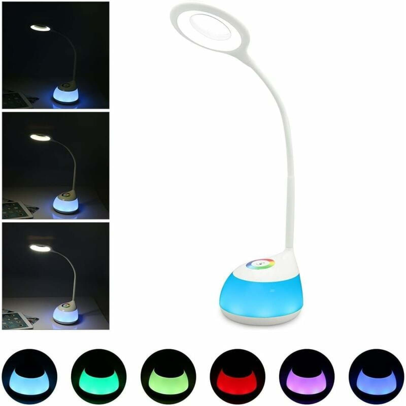Eine weiße LED-Schreibtischlampe mit flexiblem Hals und leuchtendem Sockel, gezeigt mit verschiedenen Lichtfarben.