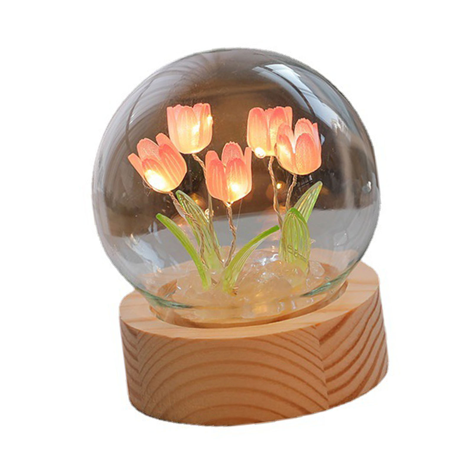 Eine Glasglocke mit leuchtenden rosa Tulpen auf einem Holzsockel.