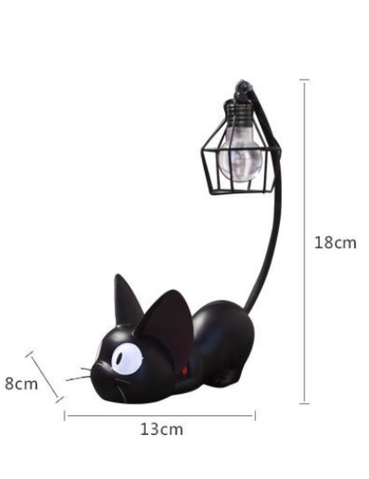 Schwarze Kätzchen-Lampe mit hängendem Glühbirnchen und Maßen.