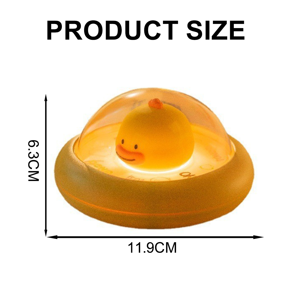Eine kleine gelbe Enten-Nachtleuchte in UFO-Form mit Maßangaben von 6.3 cm Höhe und 11.9 cm Breite.