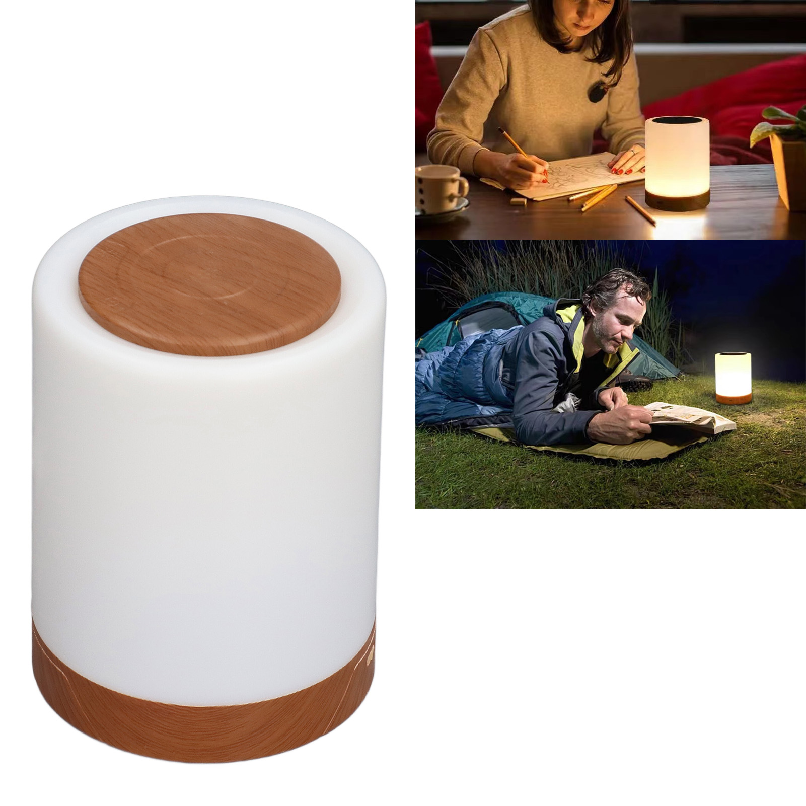 Eine zylindrische LED-Nachtlampe mit weißem Korpus und Holzoptik an Ober- und Unterseite.