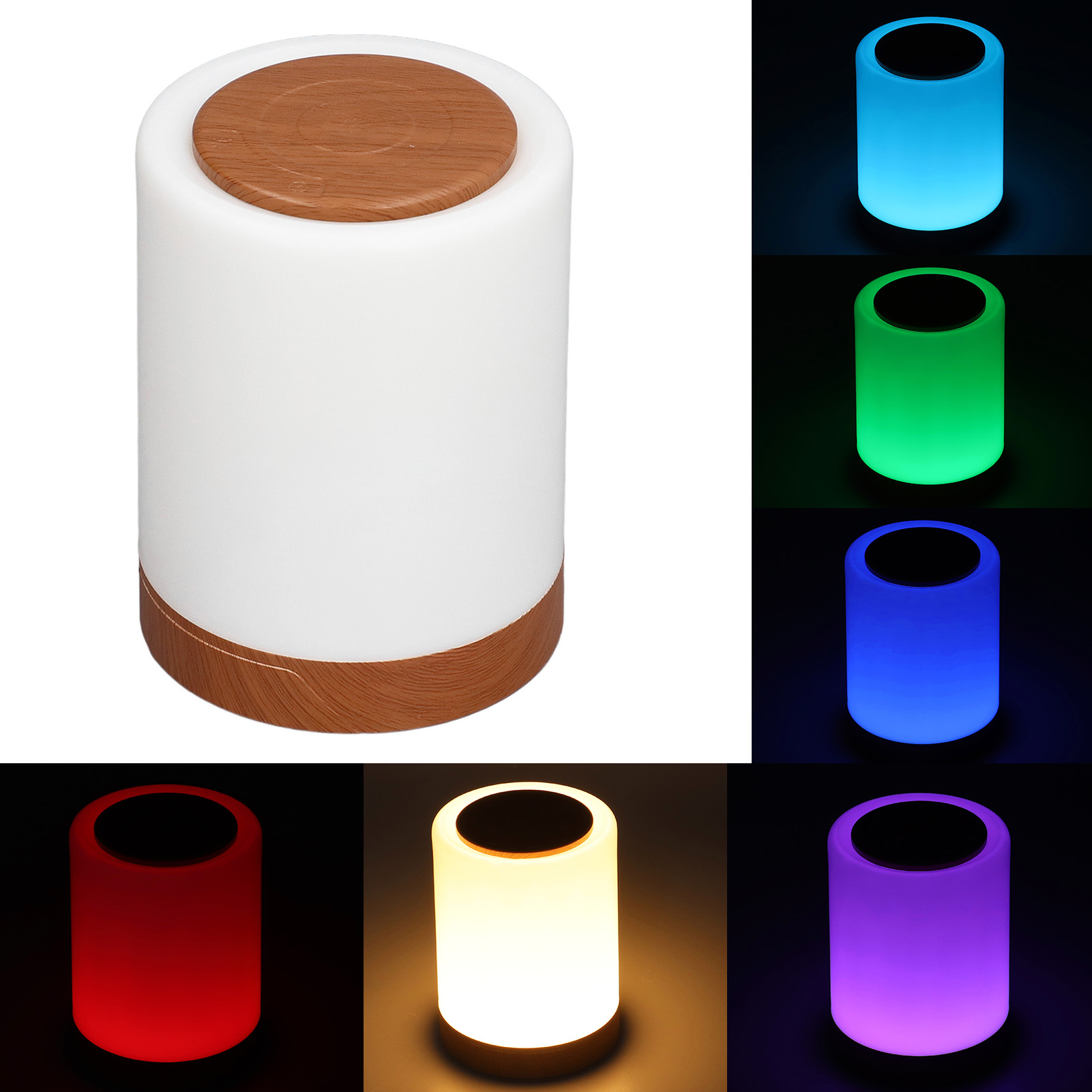 Eine zylindrische Tischlampe mit Holzdetails, die in verschiedenen hellen Farben leuchtet.