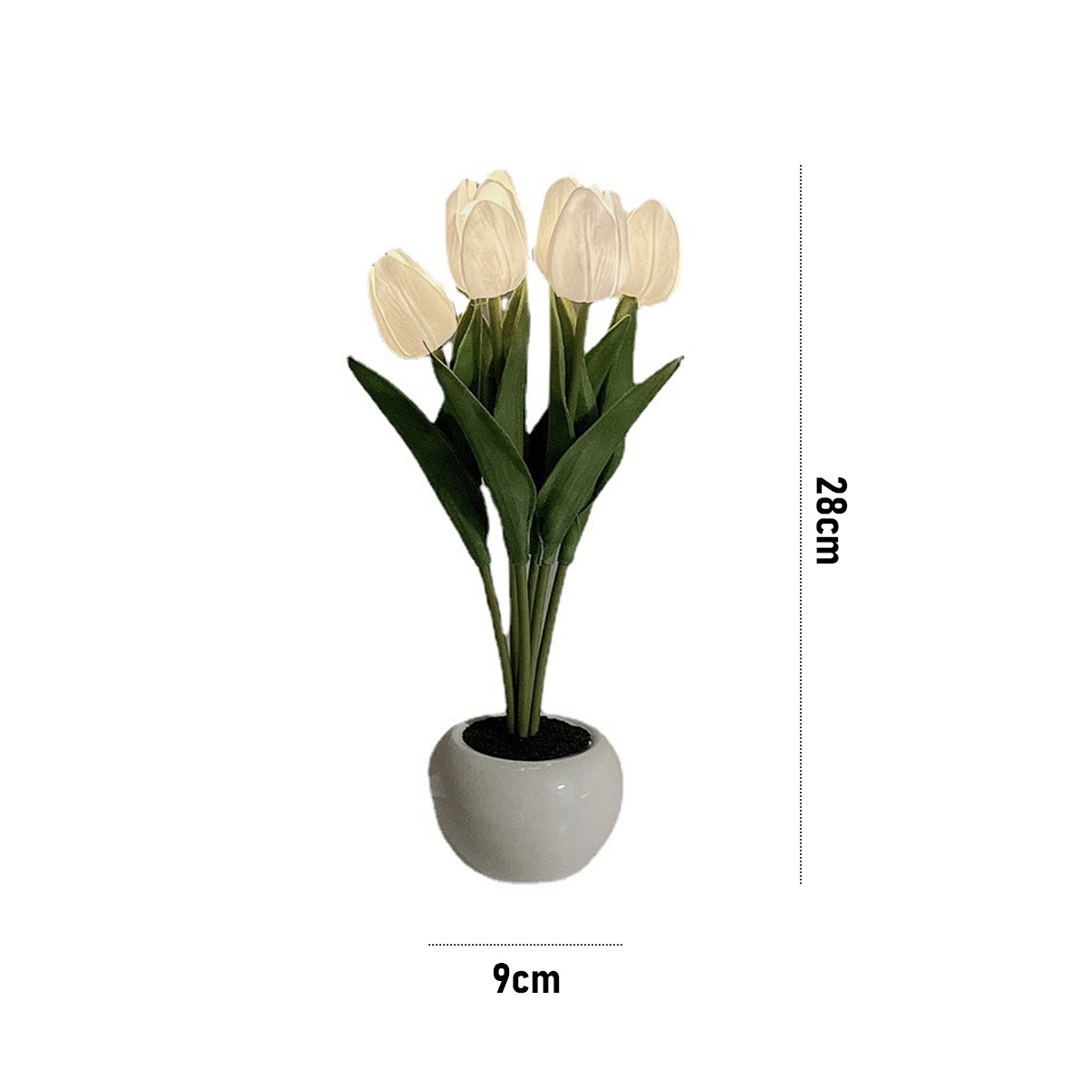 Ein weißer Topf mit künstlichen Tulpen, 28cm hoch und 9cm breit.