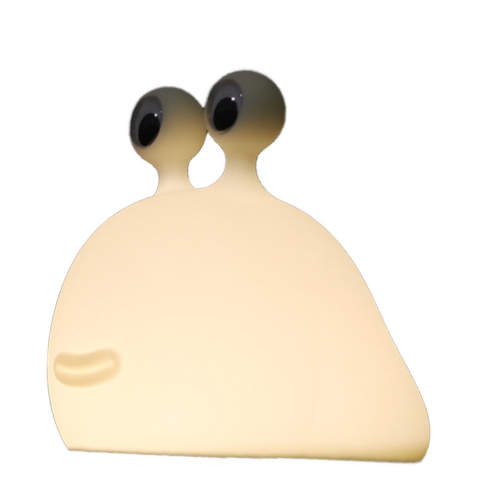 Eine leuchtende, cremefarbene schneckenförmige Lampe mit großen Wackelaugen und einem lächelnden Mund.