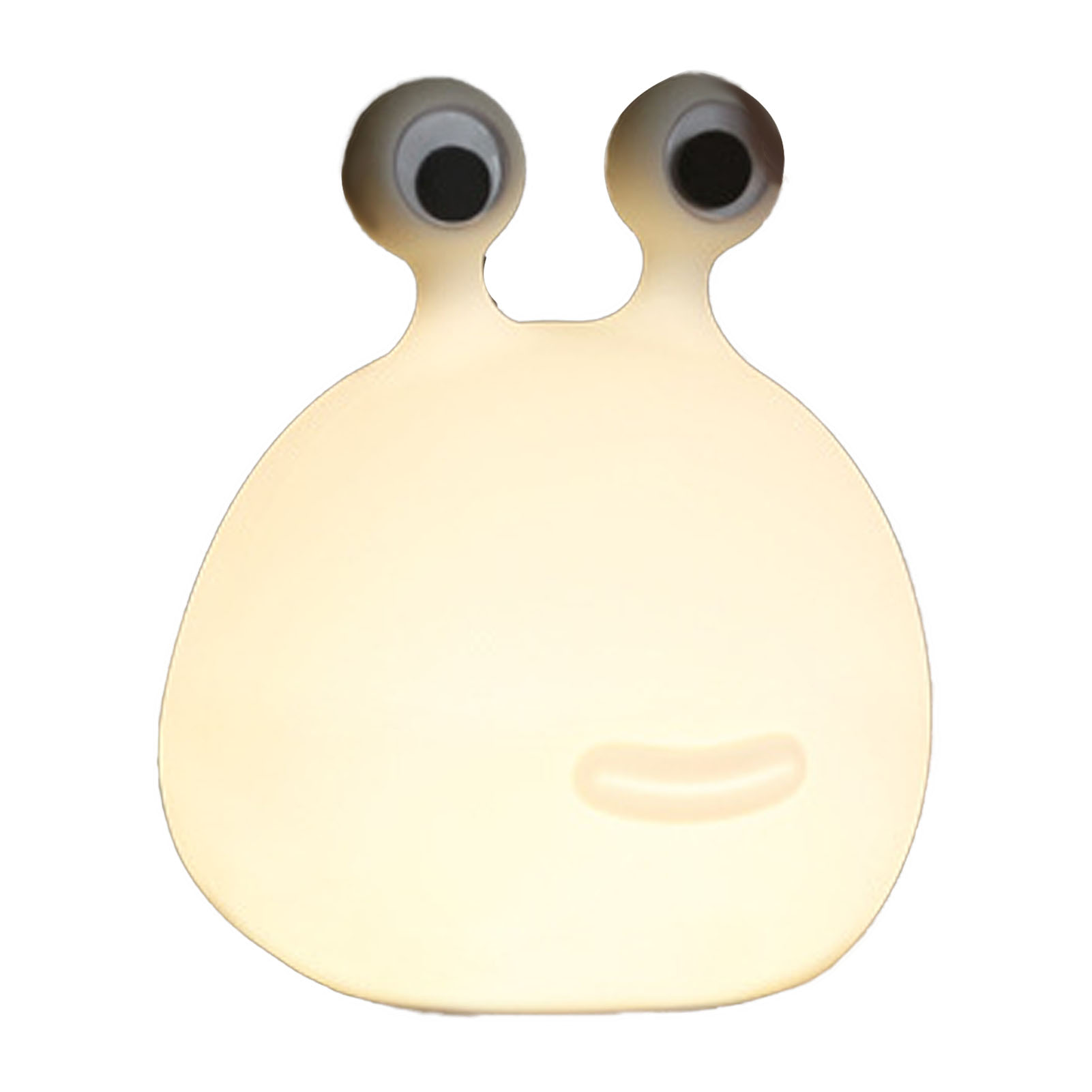 Eine weiße, glühende Lampe in Form einer Schnecke mit großen Googly Eyes und einem sanften, lächelnden Mund.