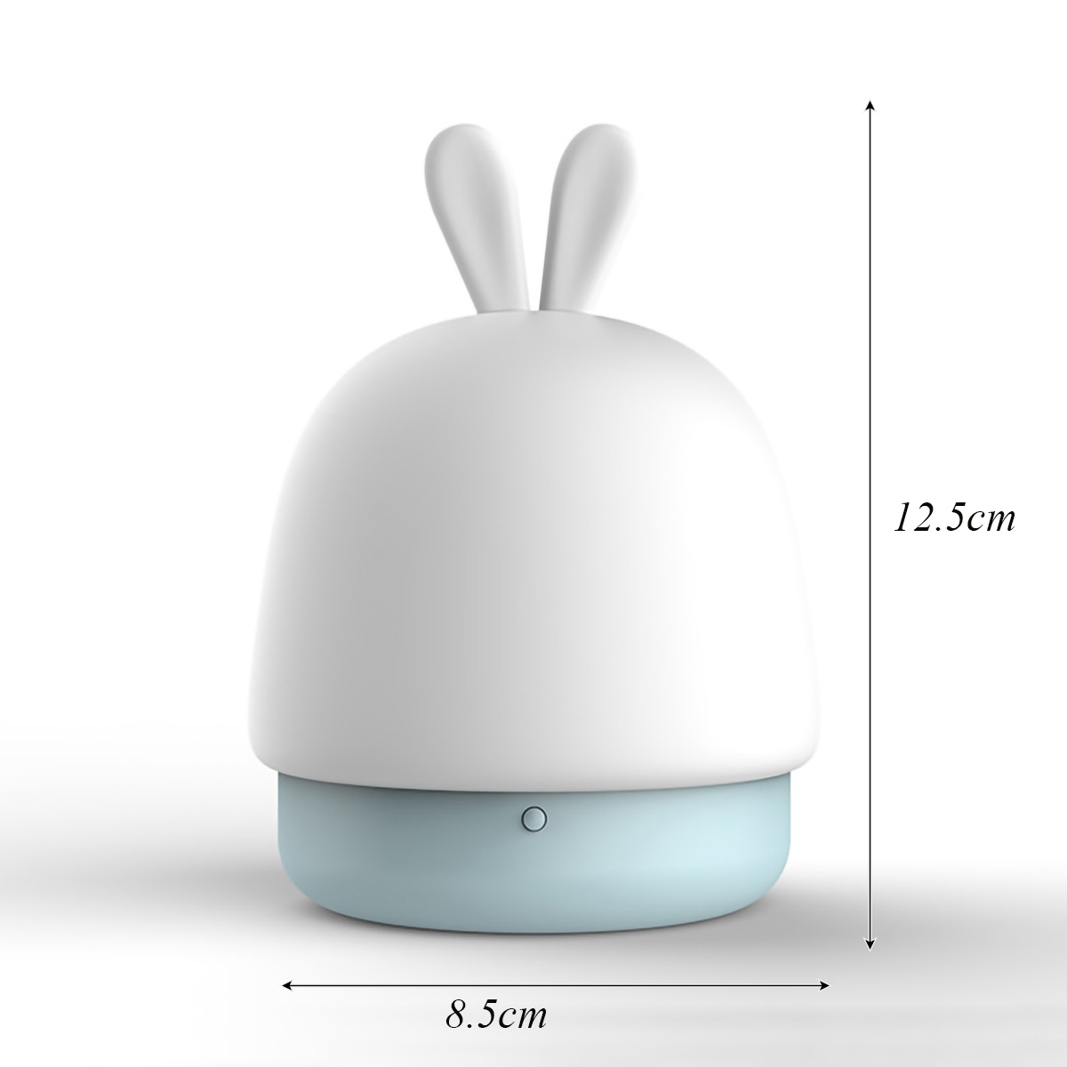 Weiße Hasenlampe mit blauem Sockel, 12,5 cm hoch und 8,5 cm breit.