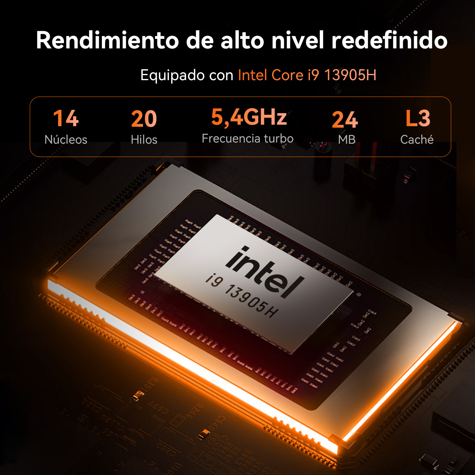 Un chip de procesador Intel Core i9 13905H con iluminación naranja y especificaciones.