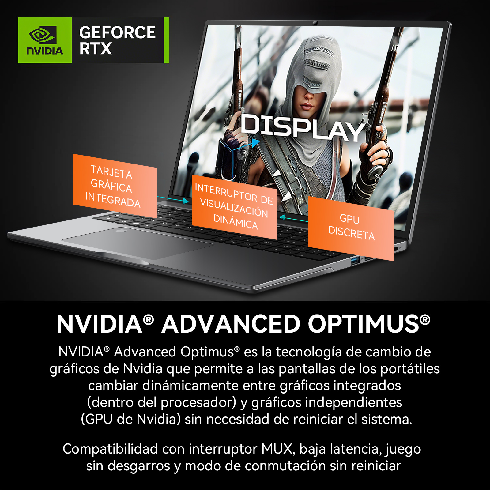 Diagrama de tecnología de pantalla de portátil NVIDIA Advanced Optimus con GPU integrada y discreta.