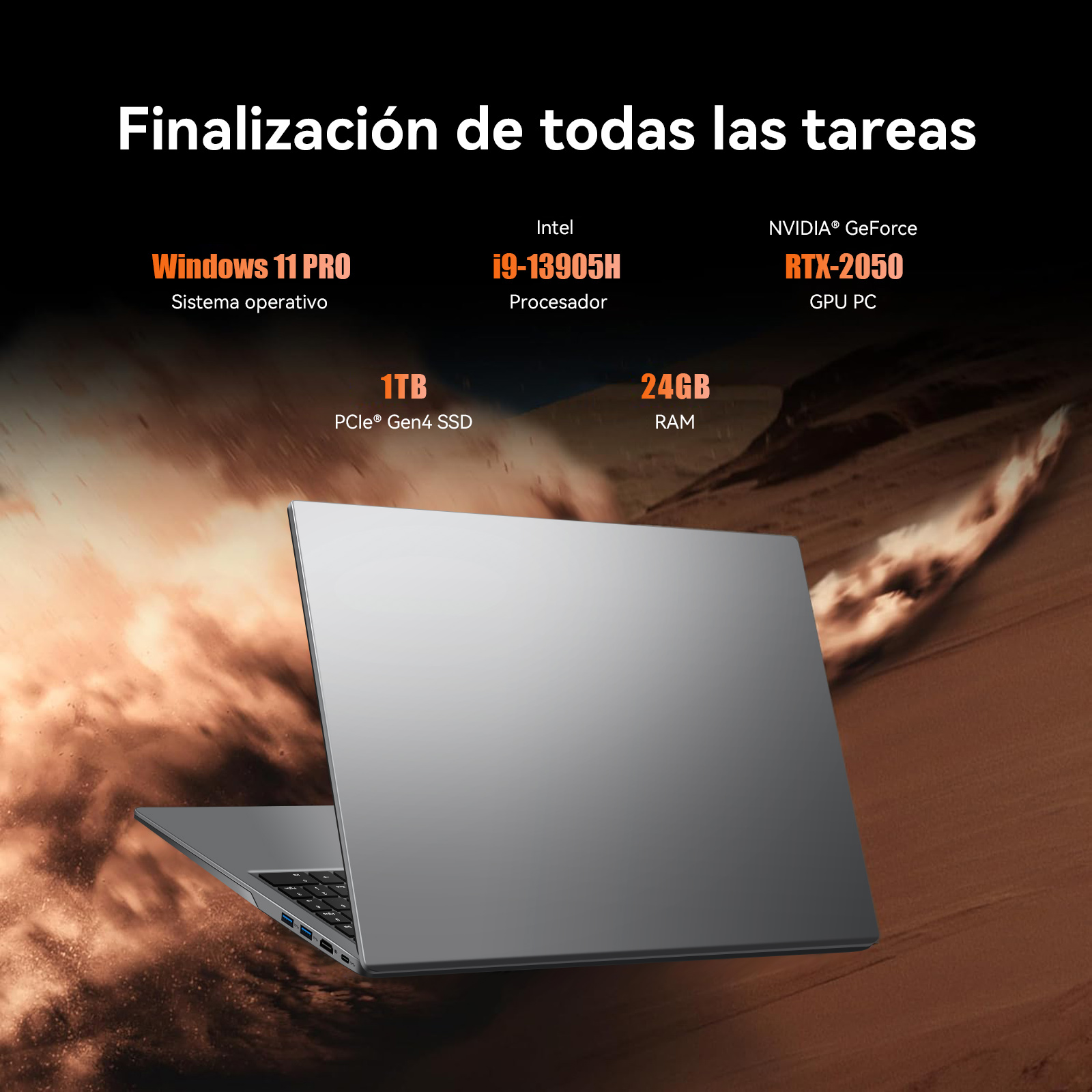 Un ordenador portátil plateado sobre fondo oscuro con texto de especificaciones técnicas en naranja.