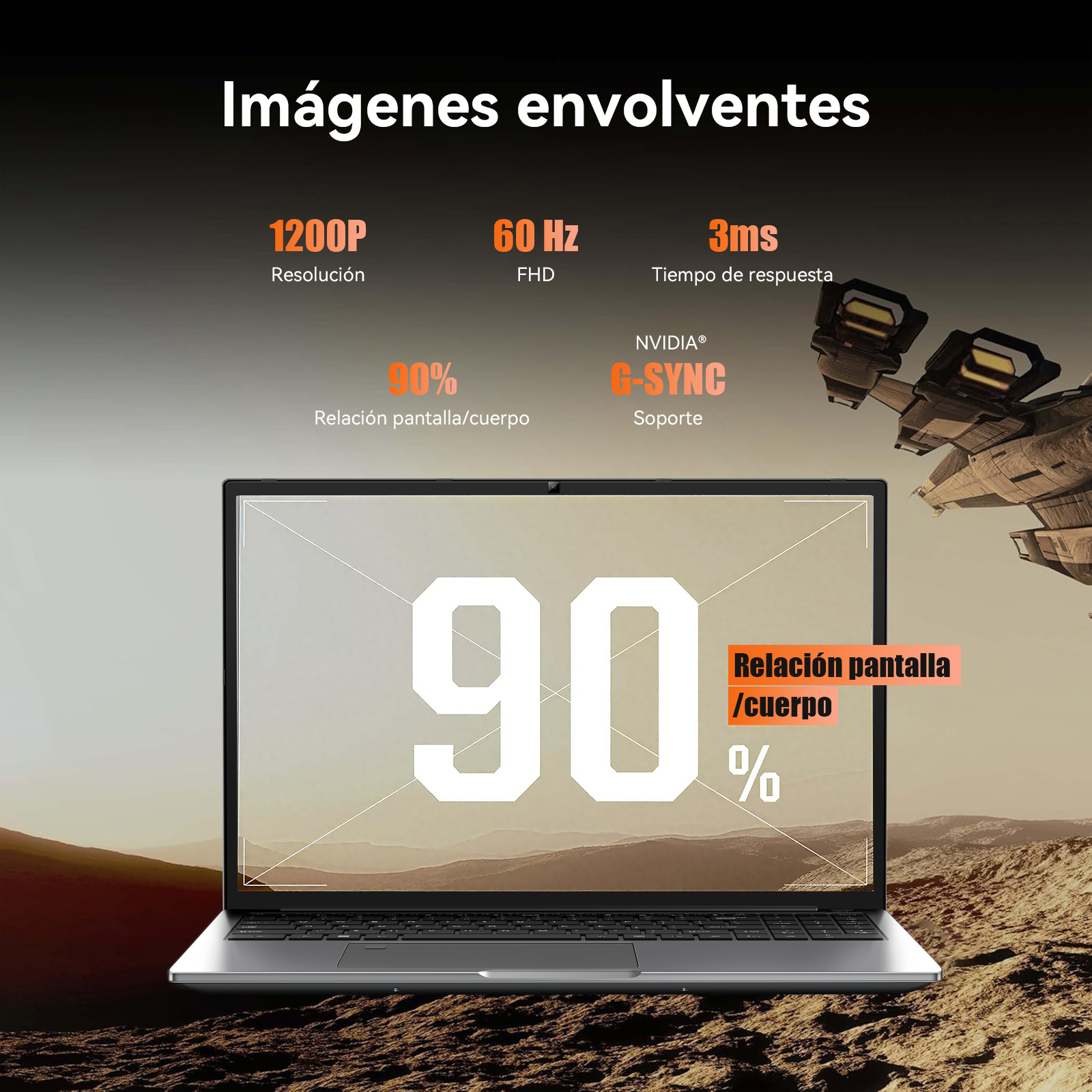 Un ordenador portátil sobre una superficie rocosa con texto que muestra especificaciones como 1200P, 60Hz, 3ms y 90% de pantalla.