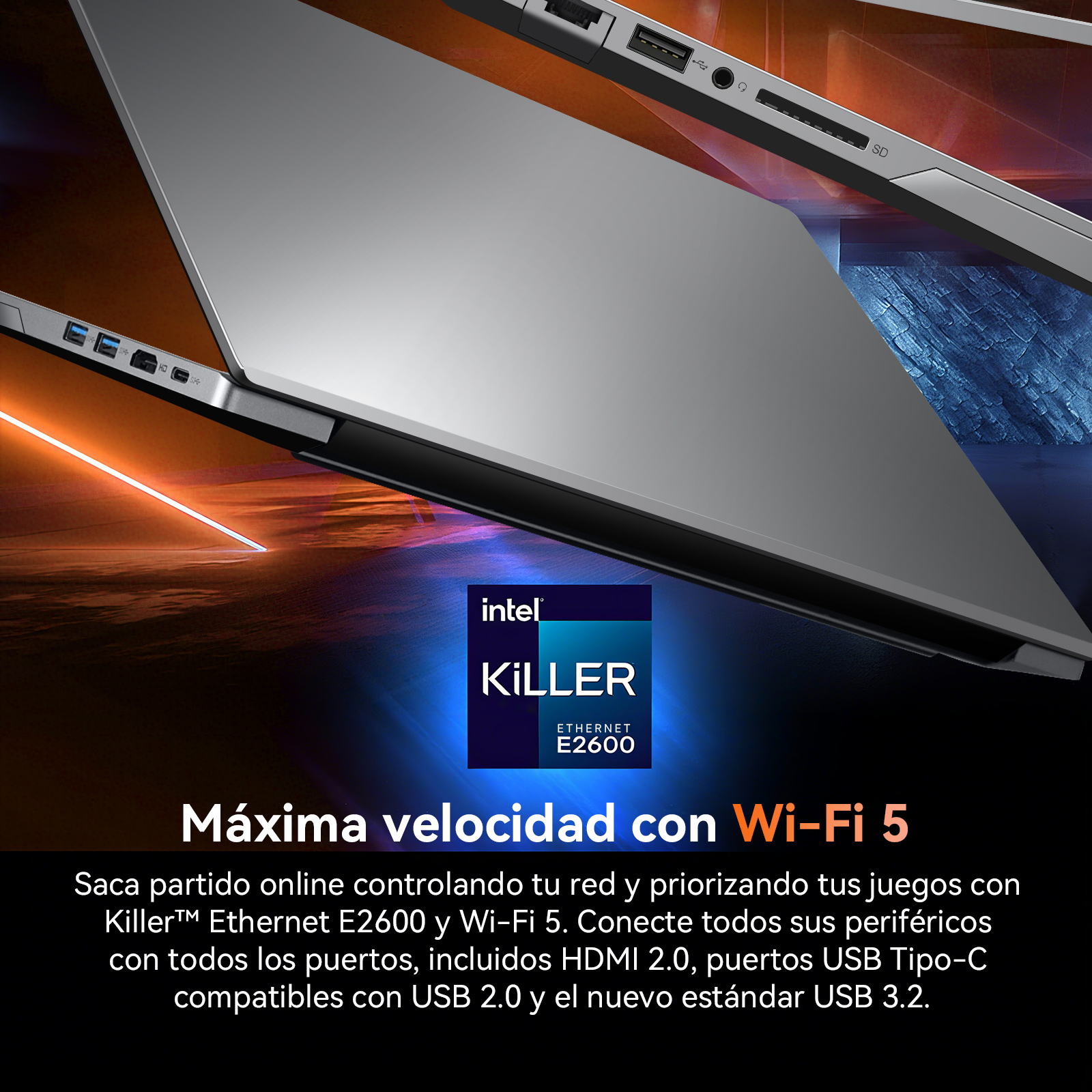Logotipo de Intel Killer Ethernet E2600 con vistas laterales de portátil y texto sobre Wi-Fi 5.