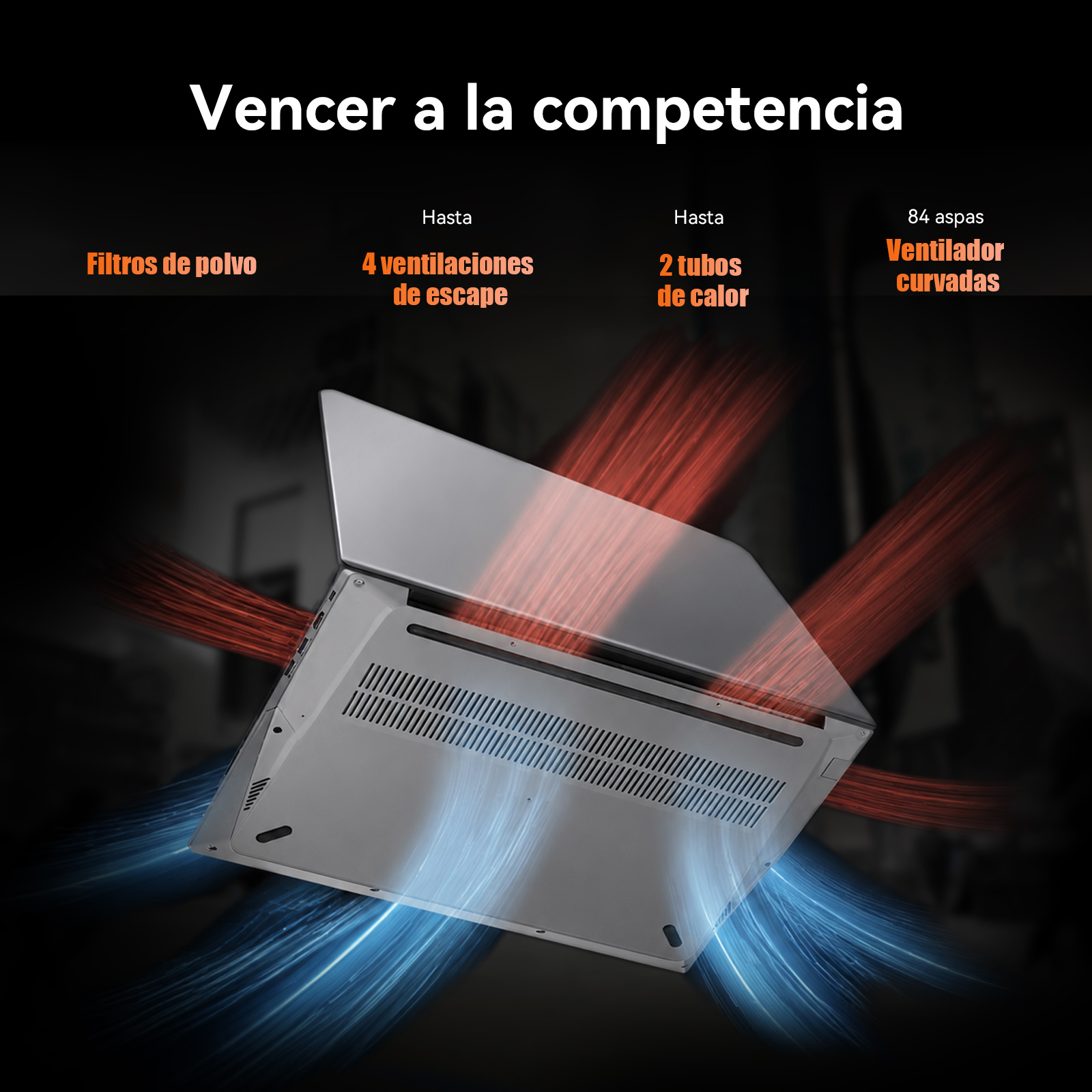 Una laptop plateada con líneas de flujo de aire rojas y azules destaca funciones de refrigeración.