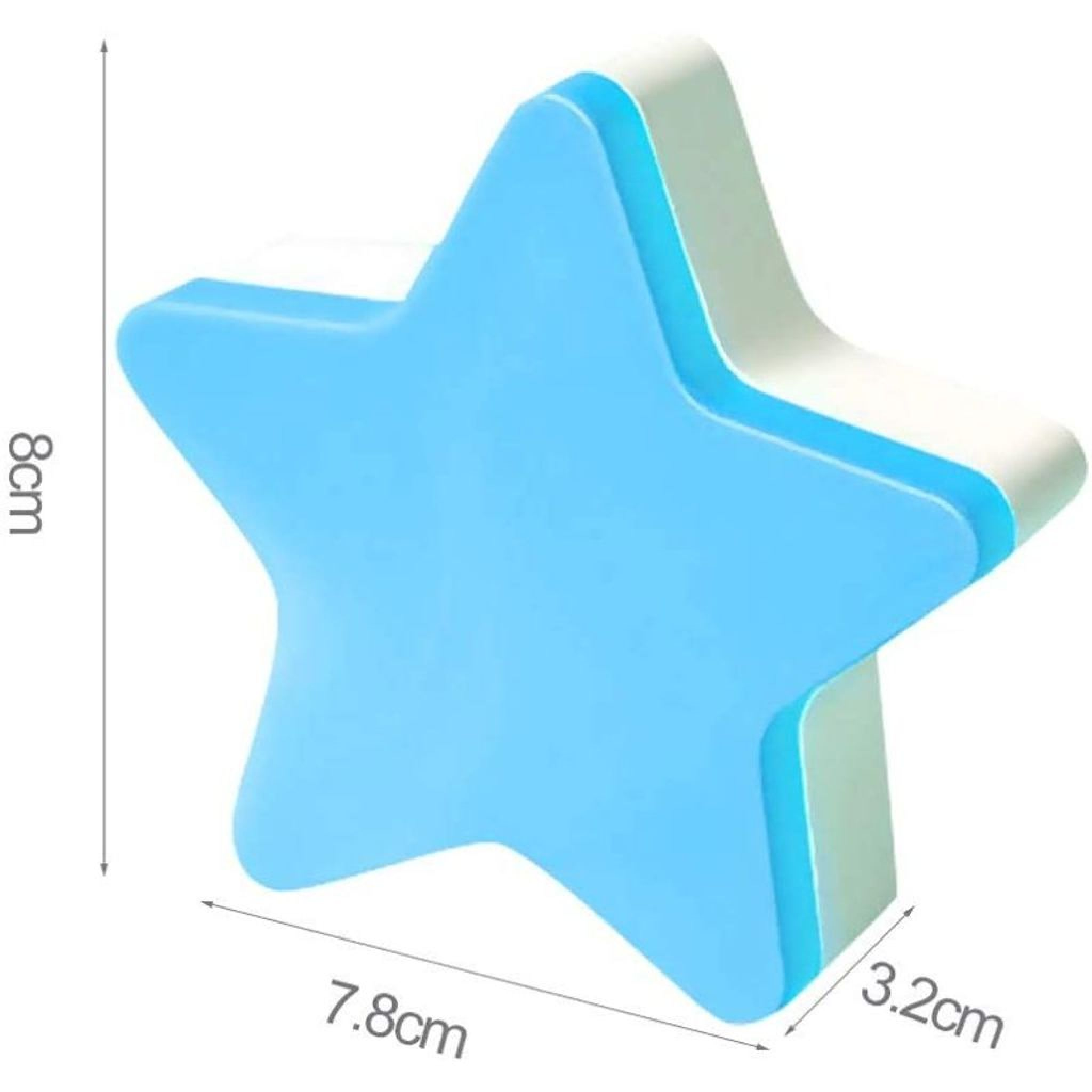 Blaue Stern-Nachtlampe mit Maßen von 8cm Höhe, 7.8cm Breite und 3.2cm Tiefe.