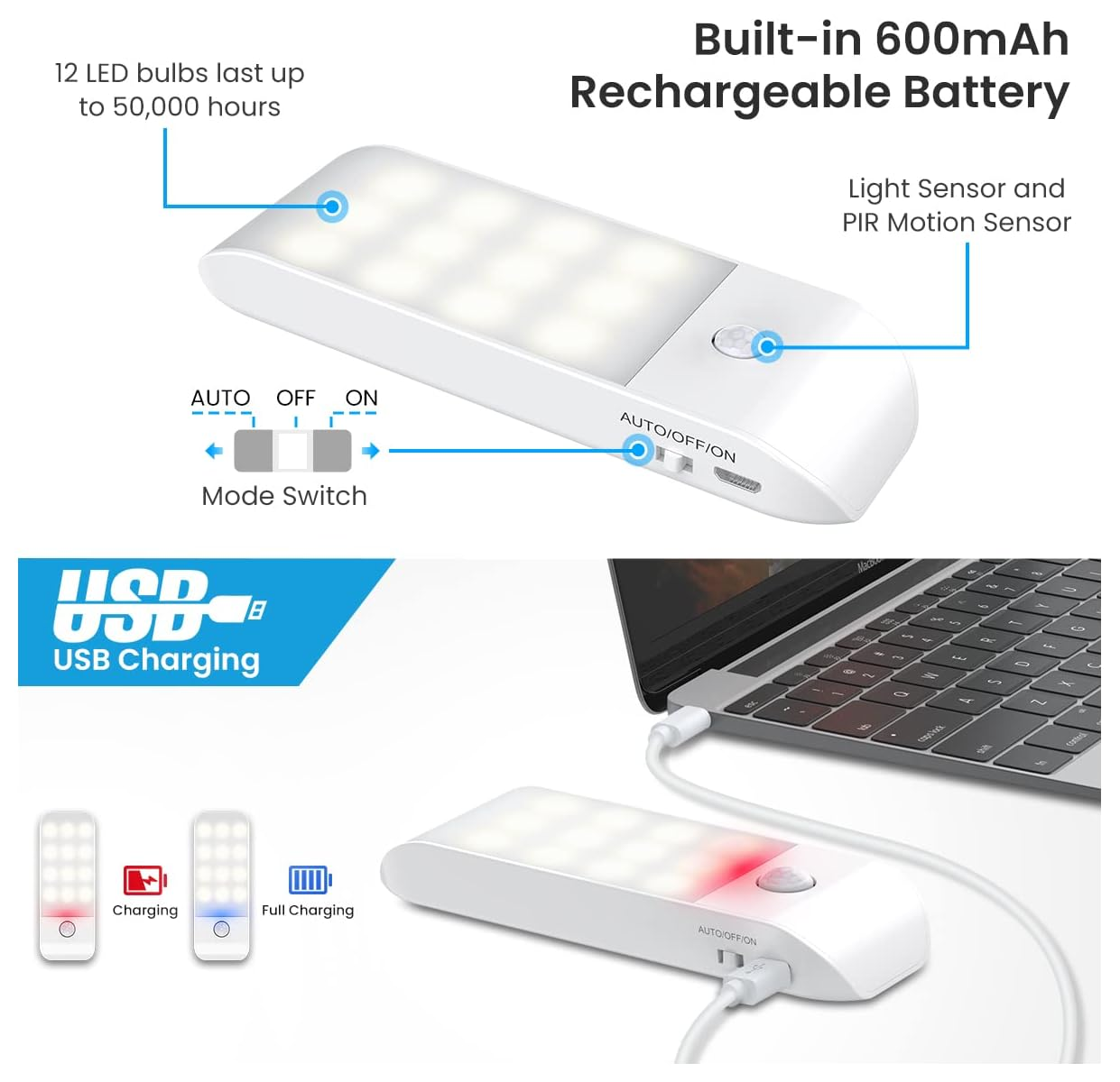 Weißes LED-Schranklicht mit Bewegungsmelder, USB-Ladefunktion und Akku.