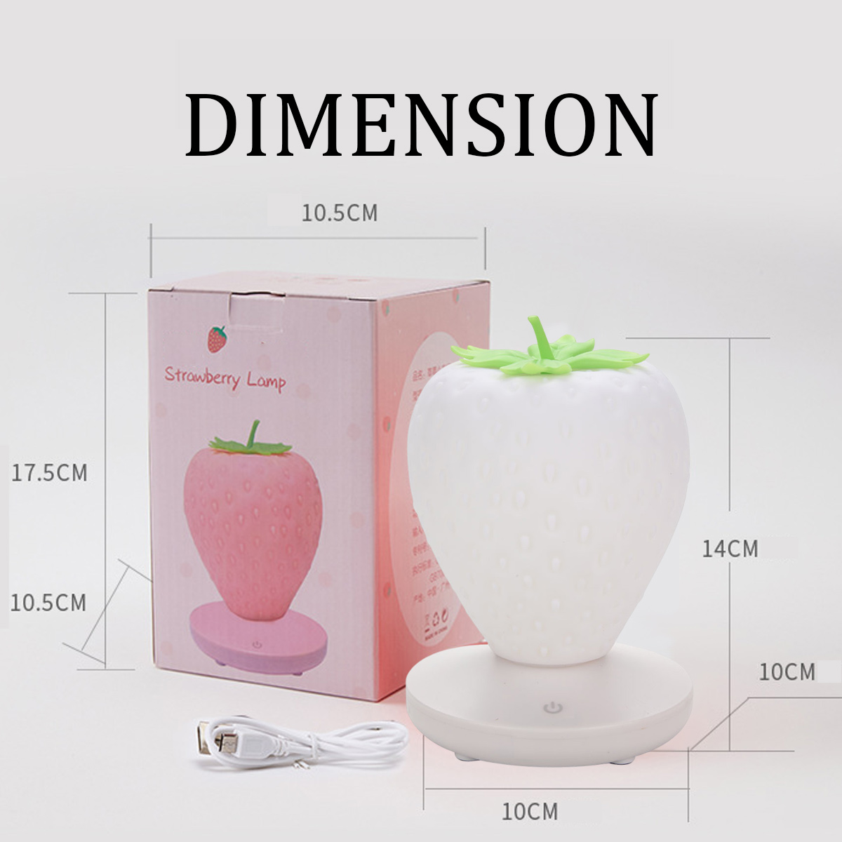 Erdbeer-Lampe mit Box und Maßen in Zentimetern und USB-Kabel.