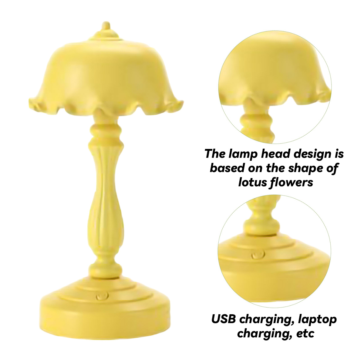 Eine gelbe Tischlampe mit Lotus-Design und zwei Detailausschnitten für den Lampenkopf und den USB-Anschluss.