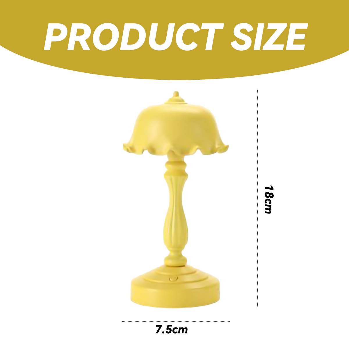 Gelbe dekorative Tischlampe mit den Maßen 18 cm Höhe und 7,5 cm Breite.