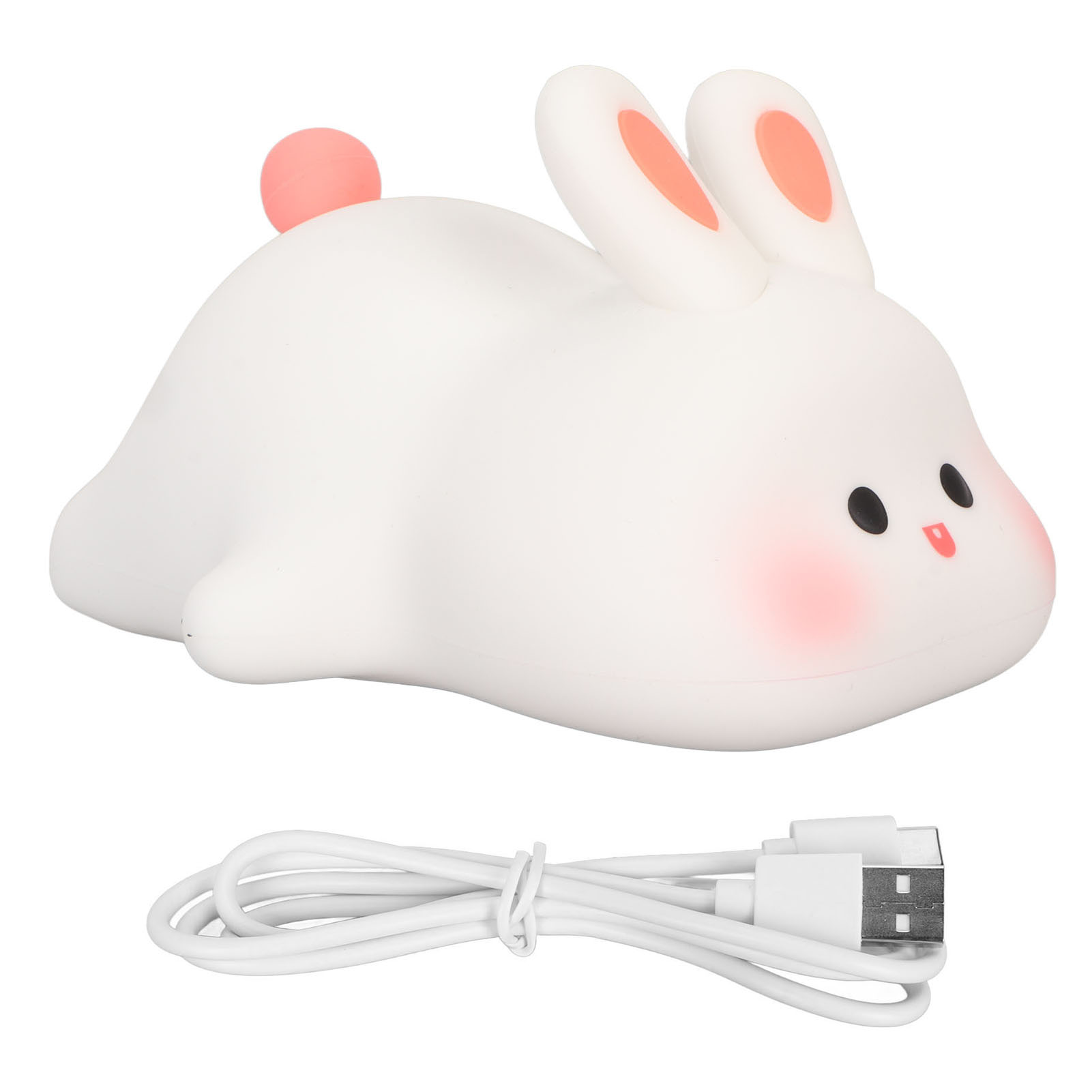 Eine weiße Silikon-Hasenlampe mit rosa Ohren und Wangen, zusammen mit einem weißen USB-Ladekabel.