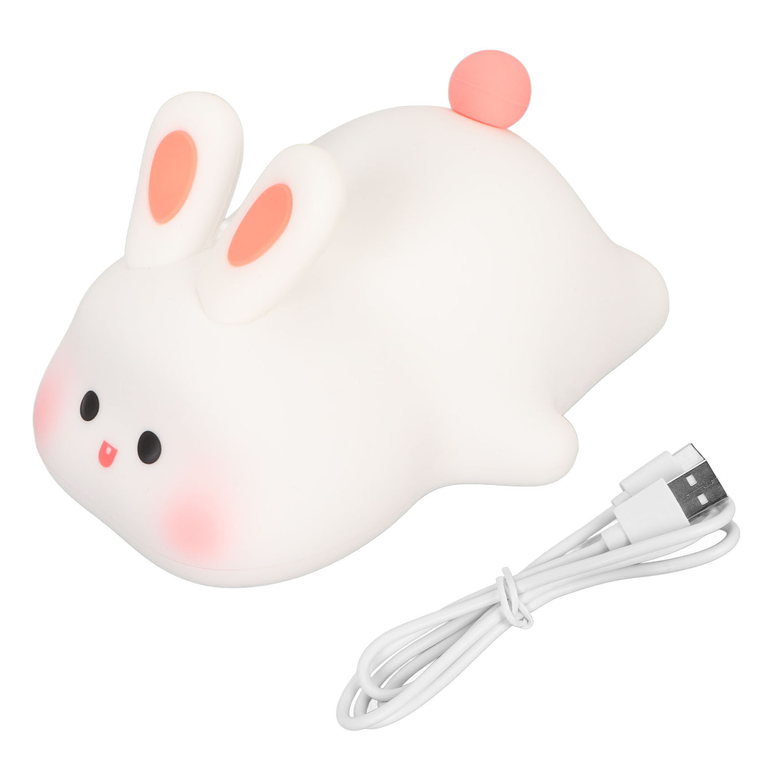 Ein weißes Silikon-Hasennachtlicht mit rosa Akzenten und einem USB-Ladekabel auf weißem Hintergrund.