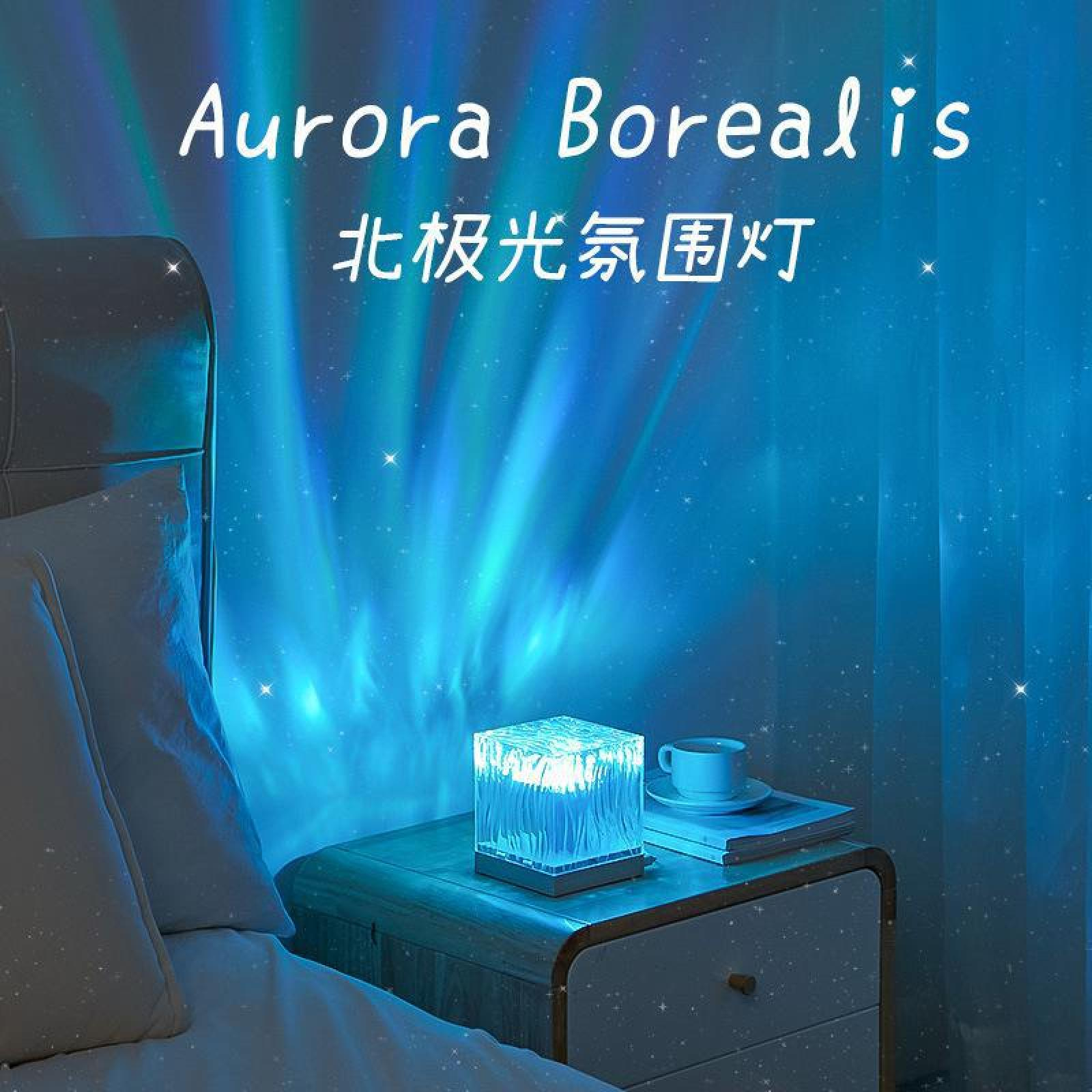 Ein Nachtschränkchen mit einer Kristalllampe und einer Tasse steht neben einem Bett, vor einer blau beleuchteten Wand.