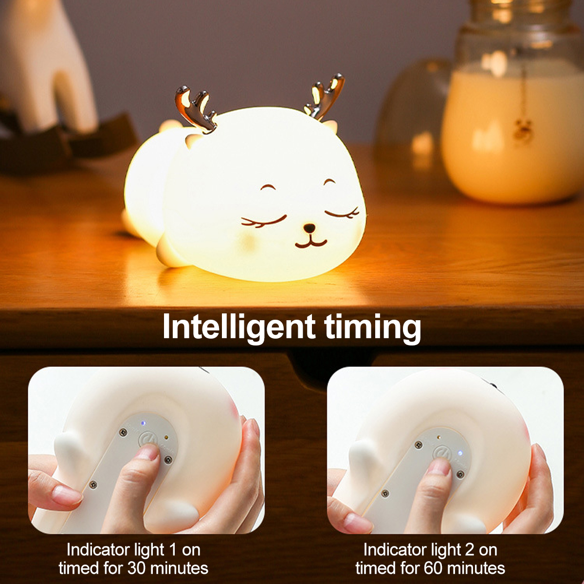 Eine niedliche Reh-Nachtlampe auf Holz, mit zwei Insets, die Timer-Einstellungen zeigen.