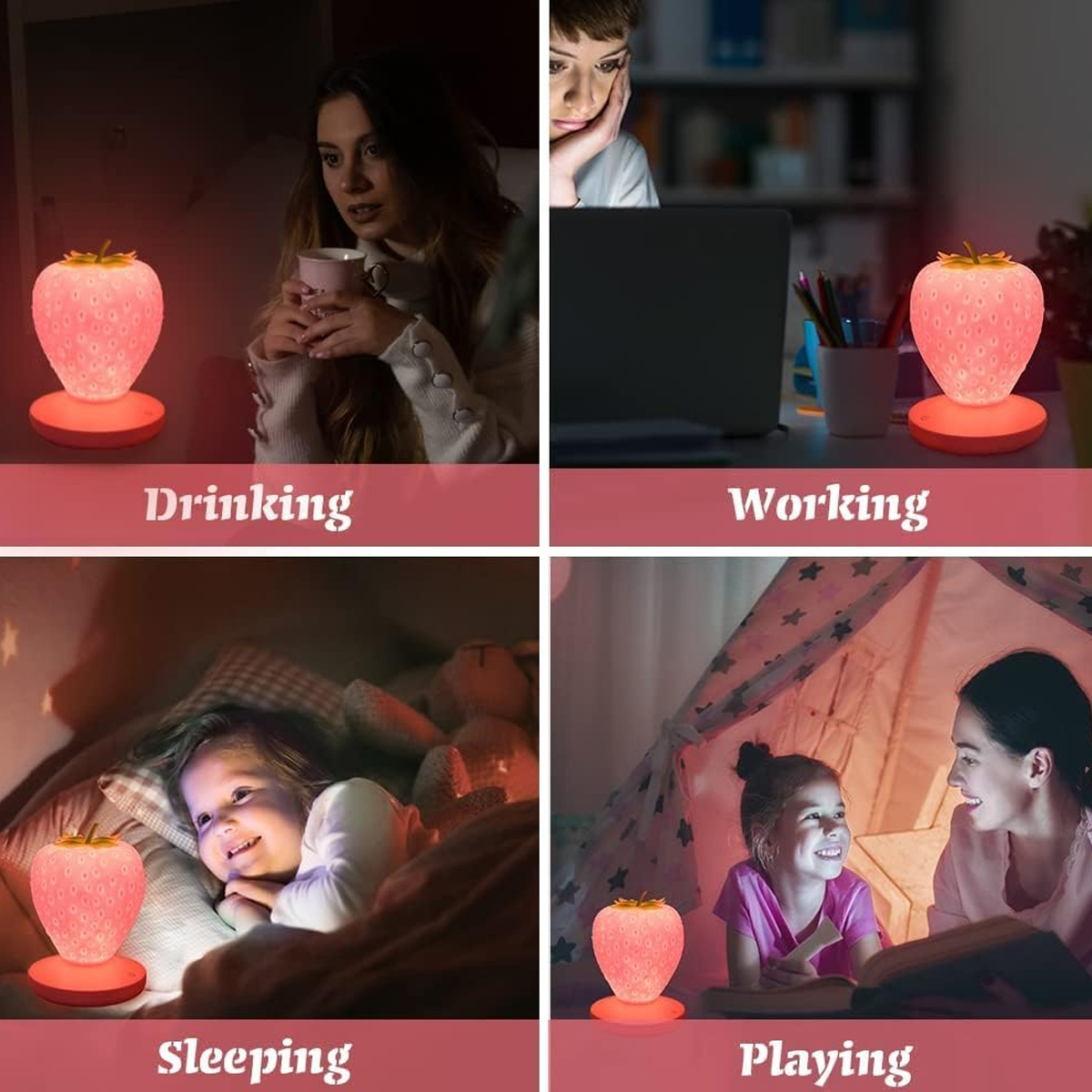 Eine Collage mit einer rosa Erdlampe beim Trinken, Arbeiten, Schlafen und Spielen.