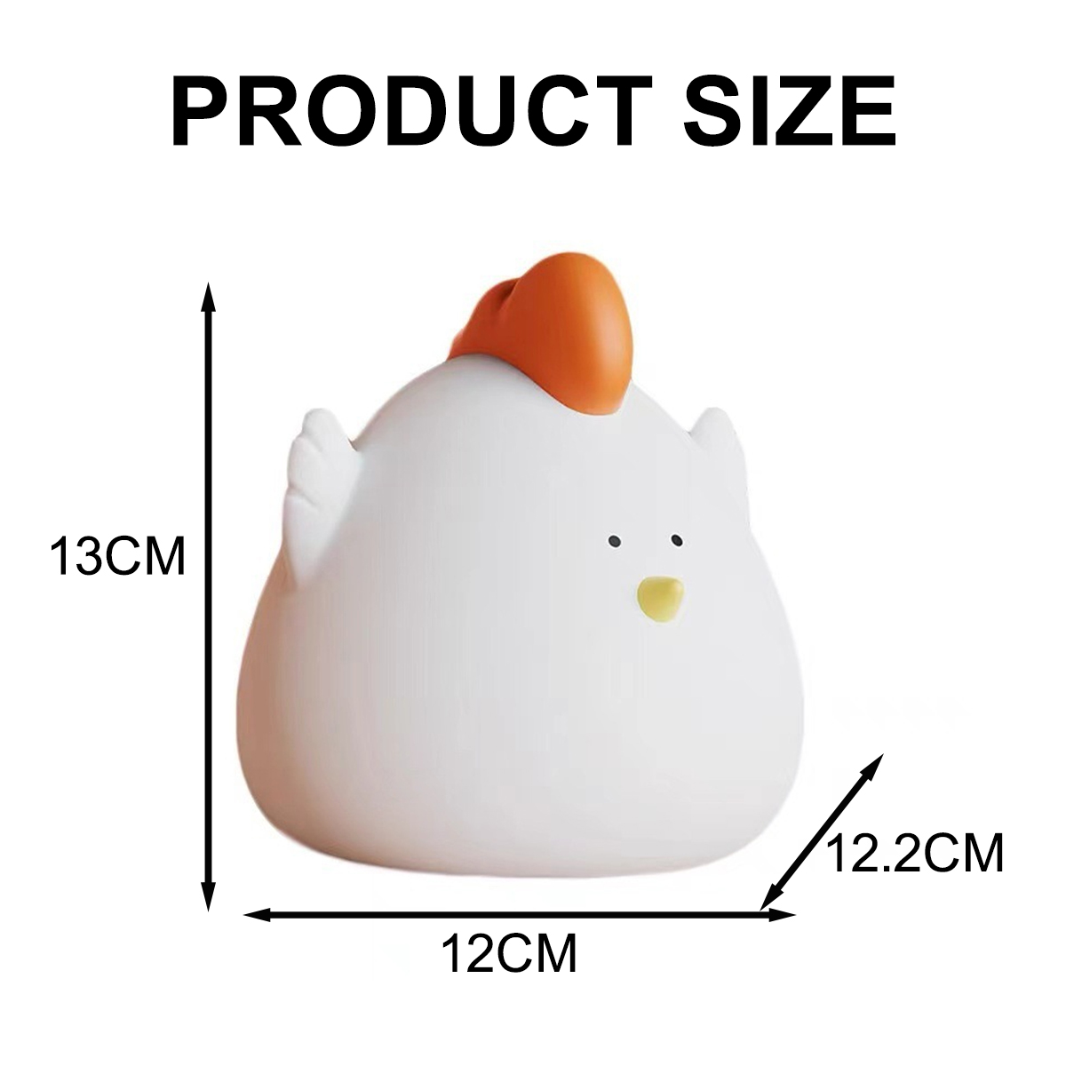 Produktgröße: Weißes Huhn Nachtlicht misst 13cm Höhe, 12cm Breite und 12,2cm Tiefe.