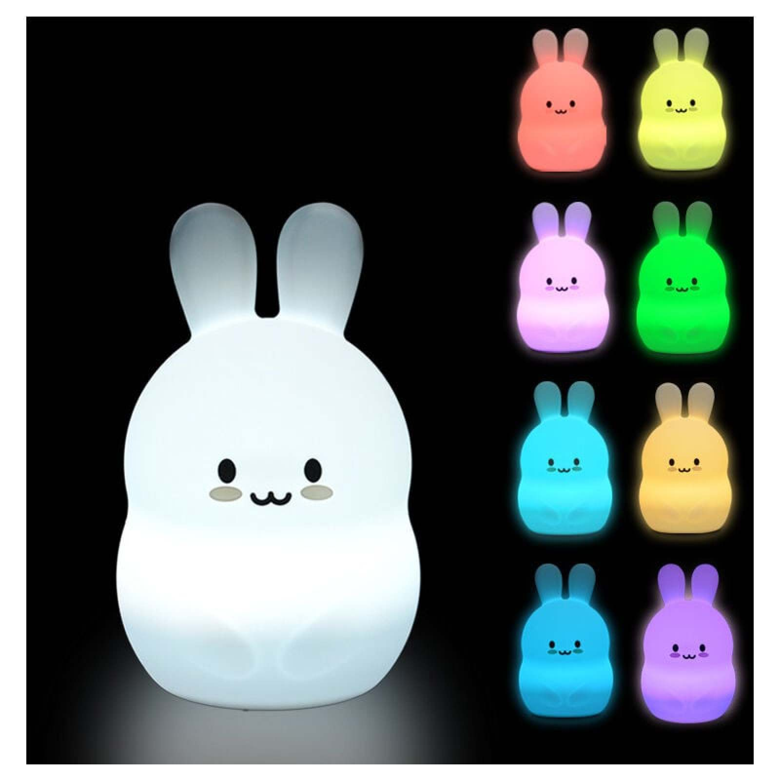 Eine weiße Hasenlampe mit Gesicht und acht farbigen Leuchtoptionen rechts auf schwarzem Hintergrund.