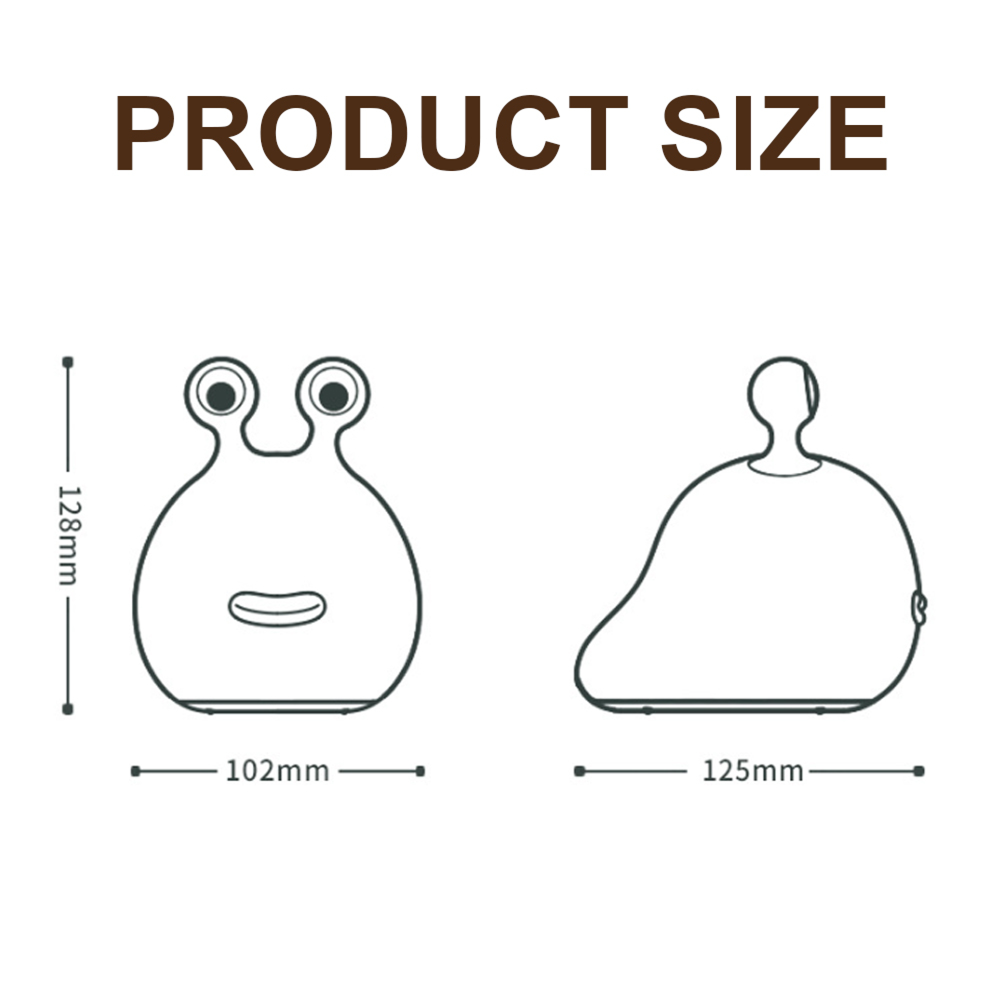Produktgrößendiagramm eines schneckenförmigen Geräts mit Maßen: 128 mm Höhe, 102 mm Breite und 125 mm Länge.