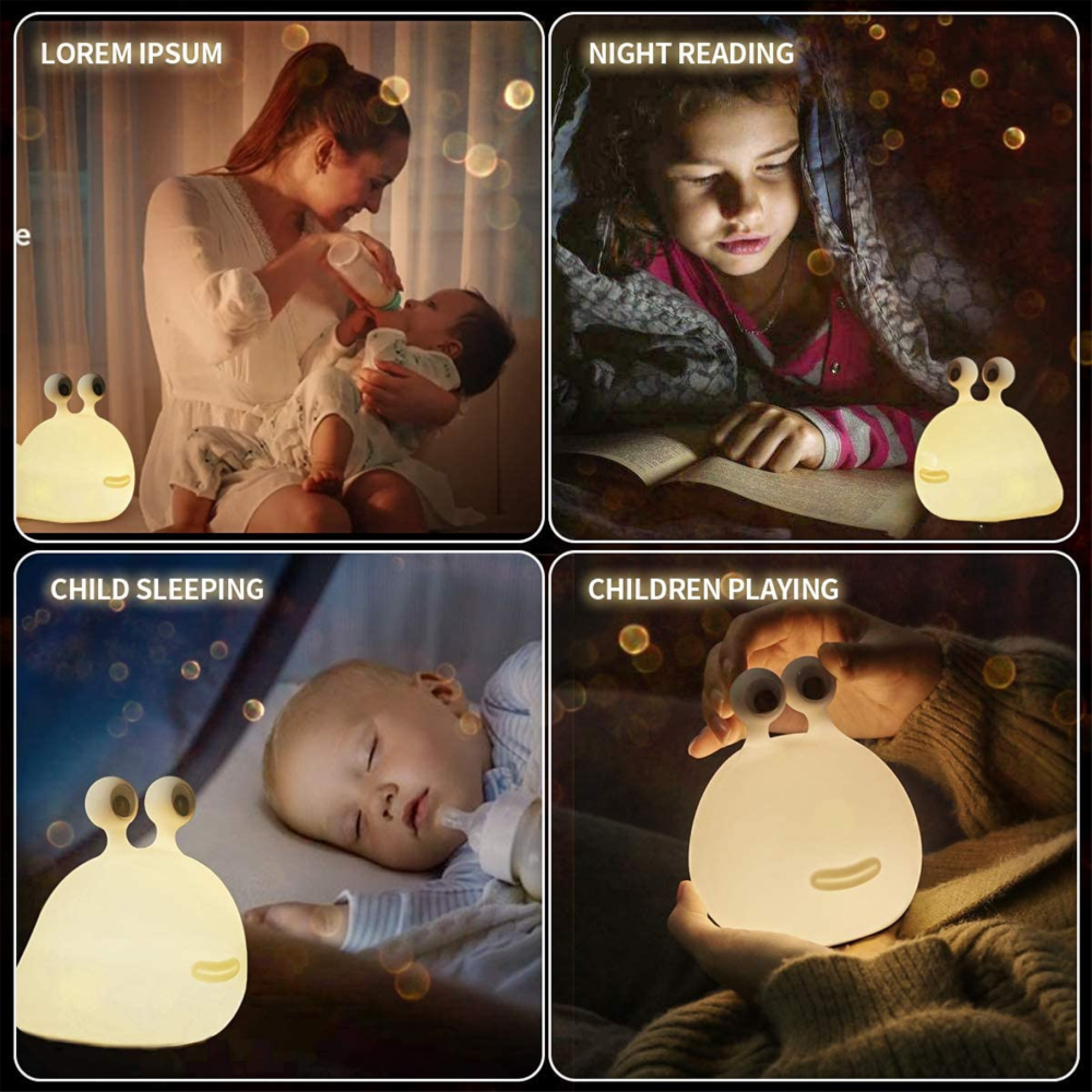 Vier Bilder mit einer gelben Scheckenten-Nachtlampe in verschiedenen Szenen mit Kindern und einer Mutter.