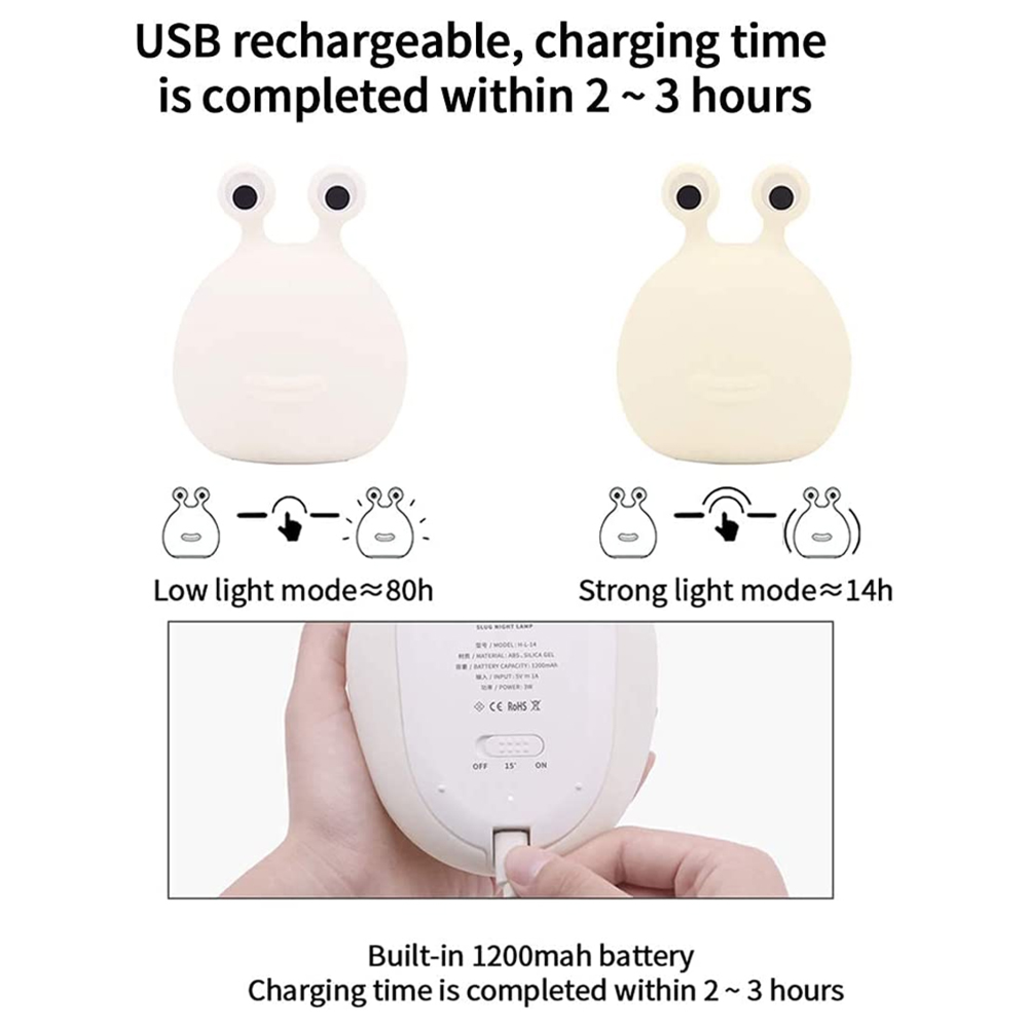 USB-aufladbare Schnecken-Nachtlampe mit zwei Helligkeitsstufen.