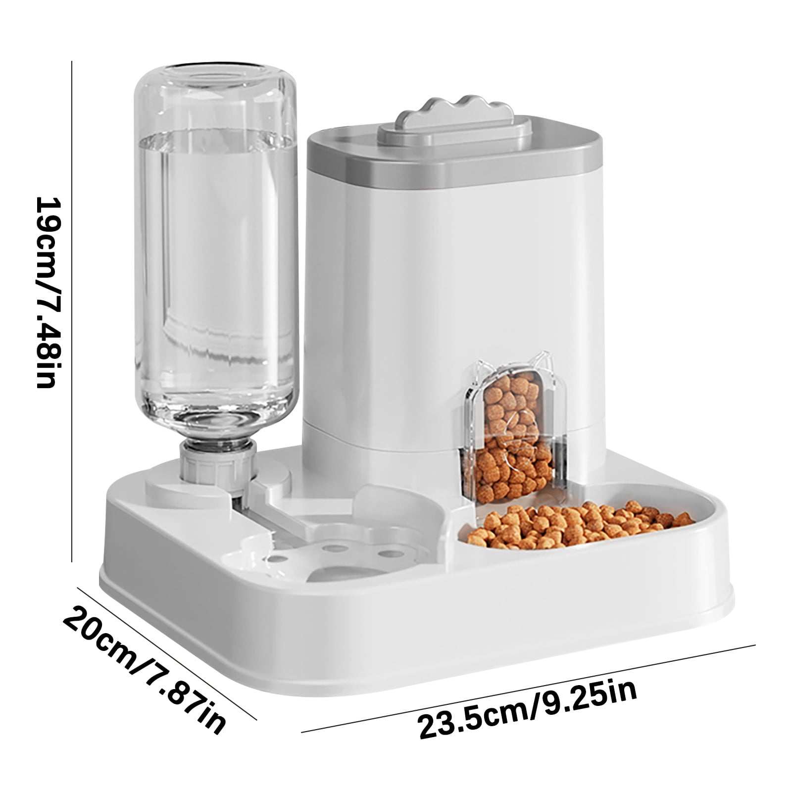 Weißer Futter- und Wasserspender für Haustiere mit Maßen von 19cm, 20cm und 23.5cm.