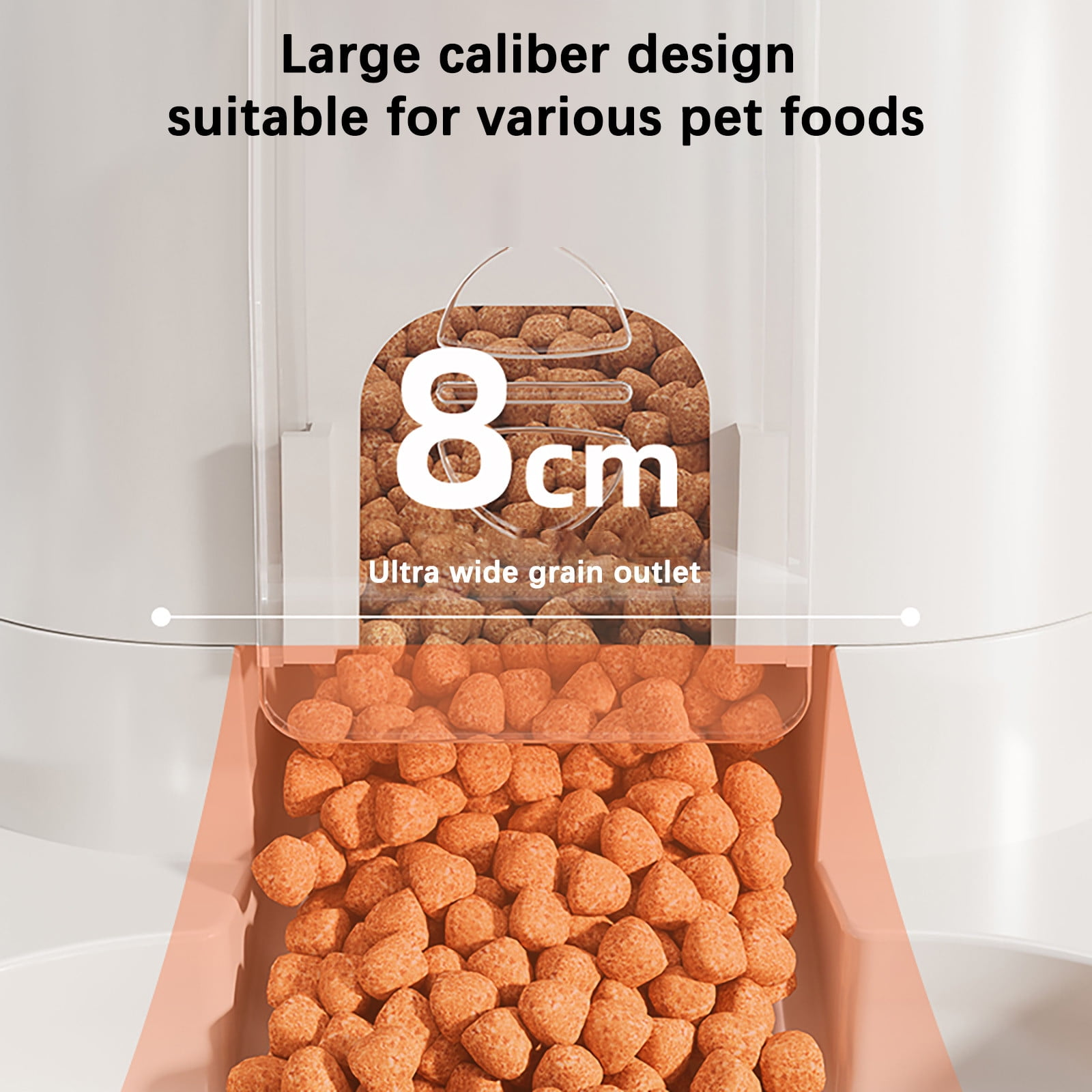 Haustierfutterspender mit 8 cm breitem Auslass gefüllt mit Trockenfutter.